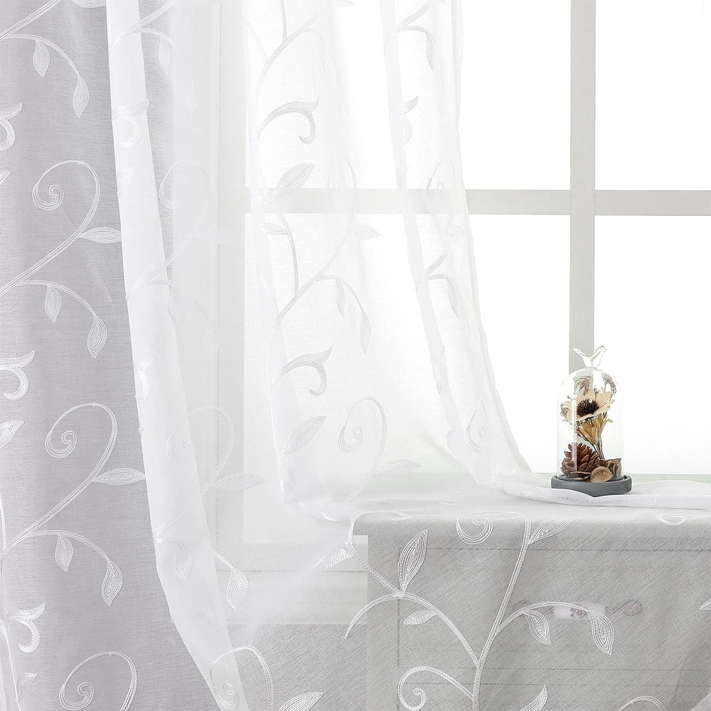 VISIONTEX 2 Panels Sheer Curtains 84 Inches Long, Cream Beige Floral Leaf Embroidered Semi Sheer Voile Curtains, Rod Pocket Light Filtering Window Drapes for Bedroom Living Room 54W x 84L