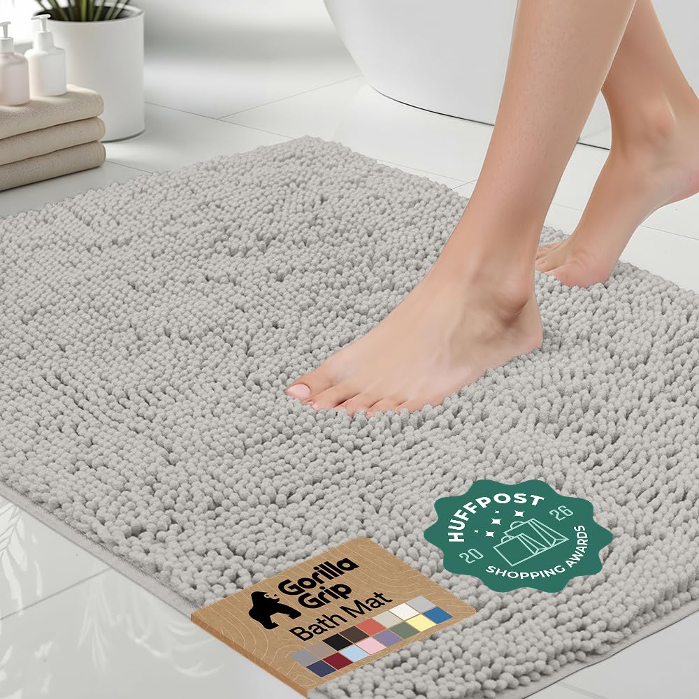 GORILLA GRIP Bath Rug Mat, Thick Soft Absorbent Chenille, Quick Dry Microfiber Mats, Rubber Backing, Machine Washable Shower Floor Rugs, Bathroom Bathmat Home Decor Accessories, 24x17 Grey