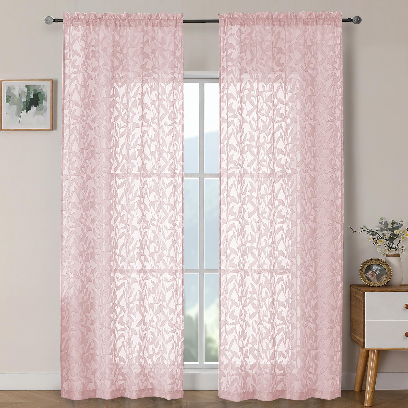 OWENIE Leyna 2 Panels Sage Green Sheer Curtains 63 Inch Length for Bedroom, Soft Lightweight Jacquard Clip Window Curtain for Living Room, Double Rod Pockets Textured Drapes, Each 40Wx63L Inches