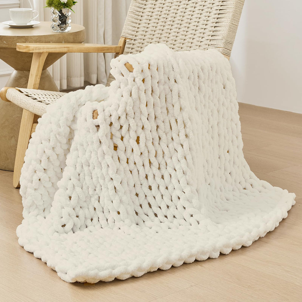 Bigacogo Chunky Knit Throw Blanket for Couch, 40x60 inches, 100% Hand Knitted with Thick Jumbo Chenille Yarn, Cozy Soft Large Rope Knot Cable Crochet Blankets for Sofa Bed Living Room, Beige