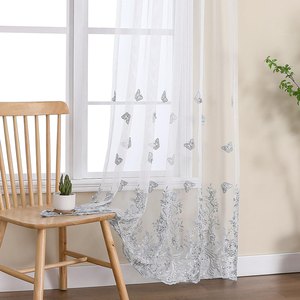 VISIONTEX 2 Panels Sheer Curtains 84 Inches Long, Cream Beige Floral Leaf Embroidered Semi Sheer Voile Curtains, Rod Pocket Light Filtering Window Drapes for Bedroom Living Room 54W x 84L