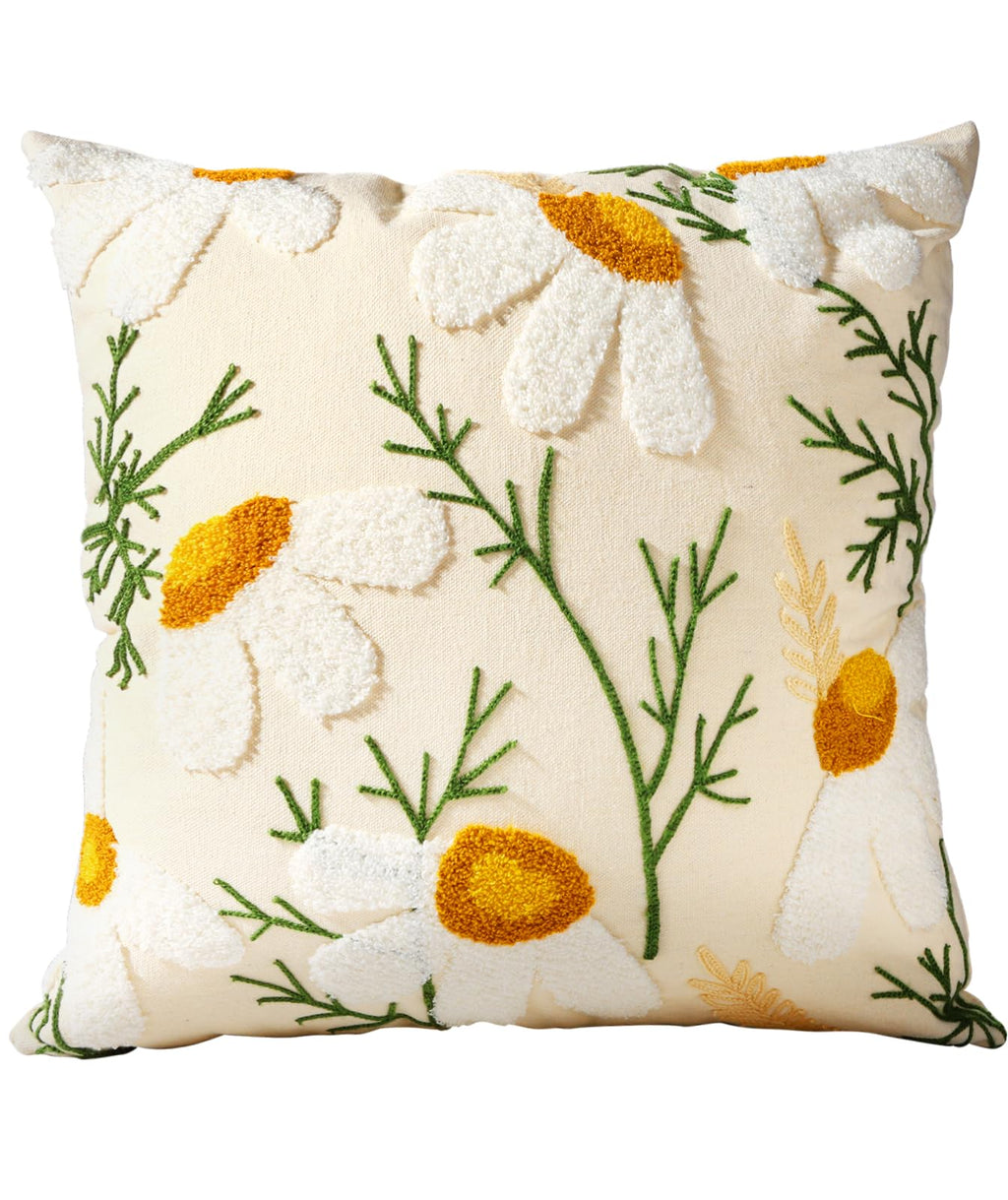 Embroidered Throw Pillow Cover - 18x18 Decorative Pillow Cover with Zipper Aesthetic Cute Design Boho Spring Summer Cozy Throw Pillowcase for Living Room Couch Sofa Bed, White Daisy