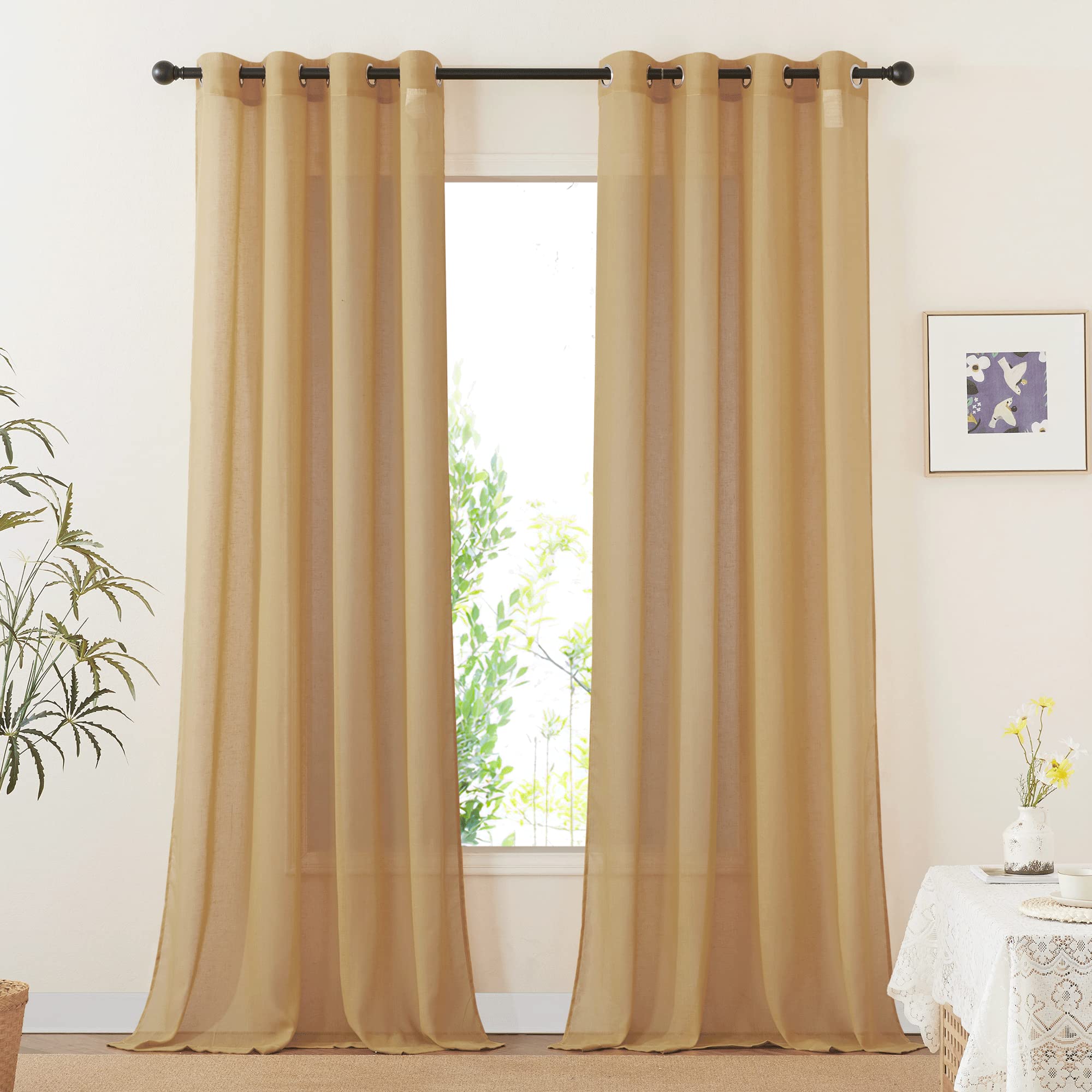 NICETOWN Linen Textured Semi Sheer Curtains 84 inches Length, Eyelet Top Bedroom Window Privacy Translucent Light Filtering Flax Sheer Drapes for Guest Room, 52 inches Wide, 2 Panels, Sea Mist