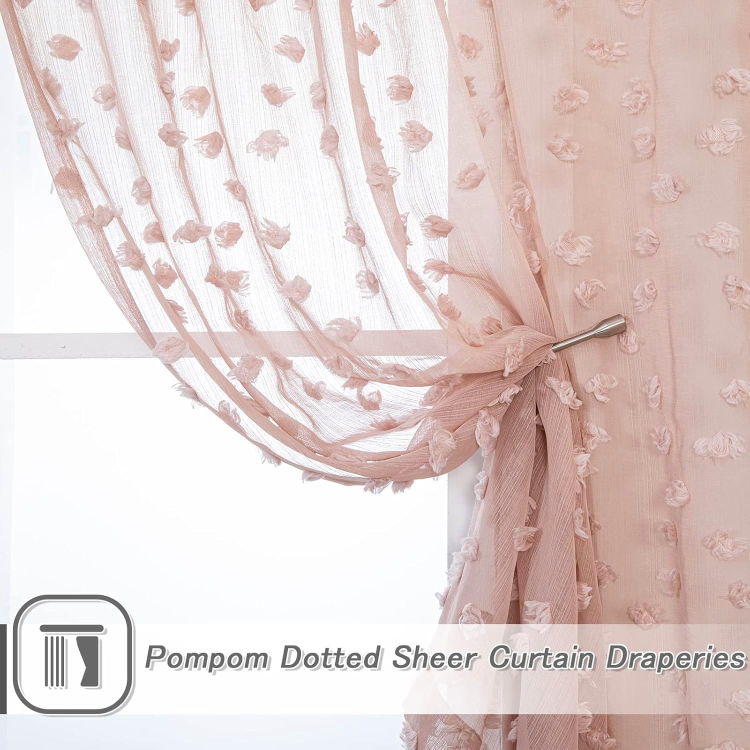 2 Panels 52"W x 84"L Dusty Rose Pom Pom Sheer Curtains Rod Pocket Light Filtering Boho Window Drapes for Girls Bedroom Nursery Kids Room