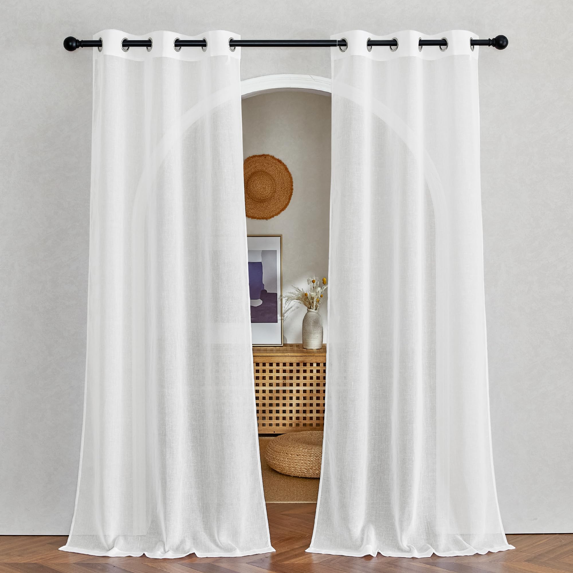 NICETOWN Linen Textured Semi Sheer Curtains 84 inches Length, Eyelet Top Bedroom Window Privacy Translucent Light Filtering Flax Sheer Drapes for Guest Room, 52 inches Wide, 2 Panels, Sea Mist