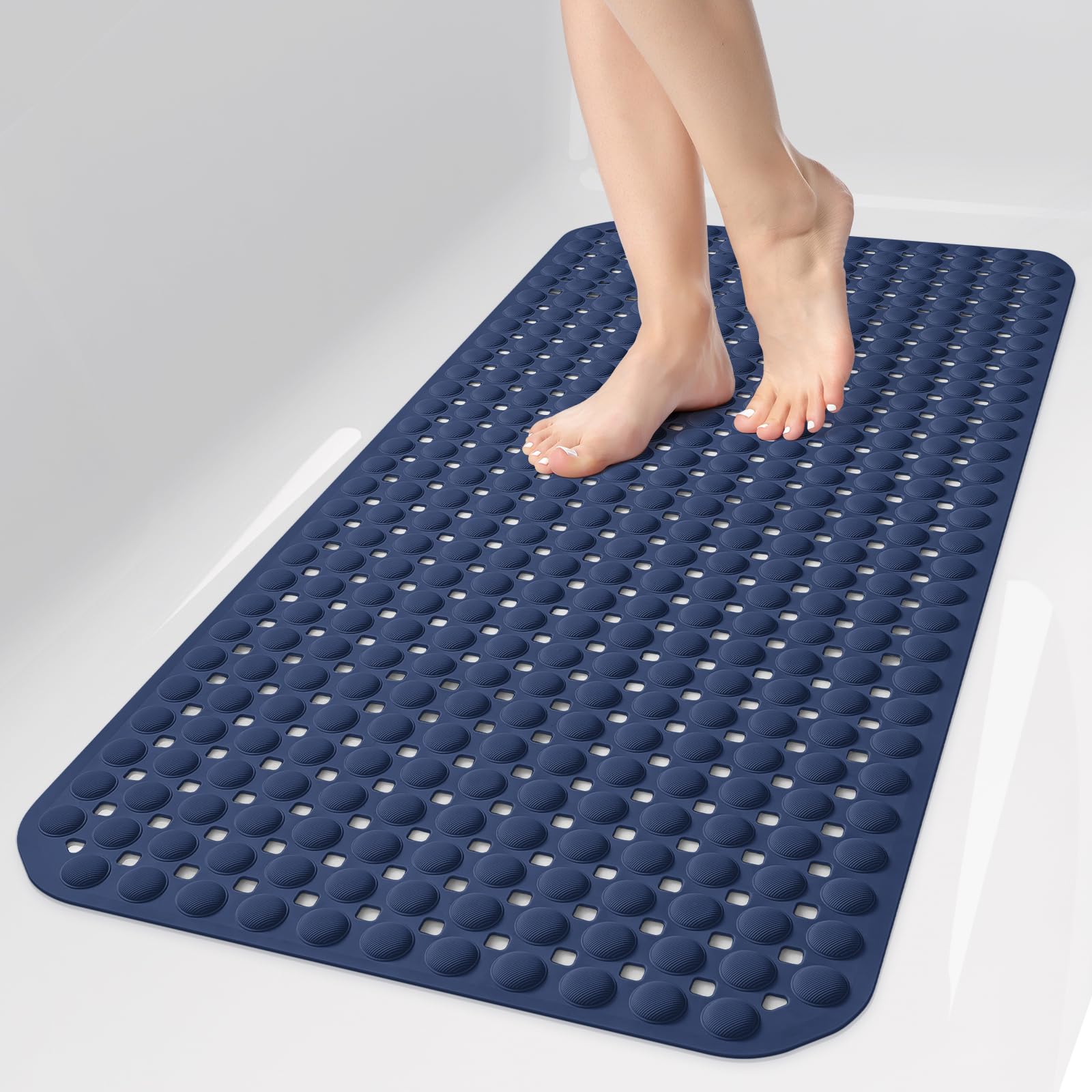 35x16 Inch Grey Non Slip Bathtub Shower Mat with Suction Cups Drain Holes Foot Scrubber Machine Washable Bathroom Floor Liner
