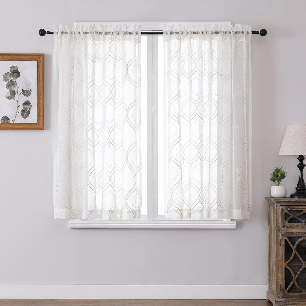 VISIONTEX White Sheer Curtains 84 Inches Long 2 Panels, Light Filtering Grey Moroccan Trellis Embroidered Semi Sheer Voile Drapes, Rod Pocket Textured Window Curtain for Bedroom Living Room 54W x 84L