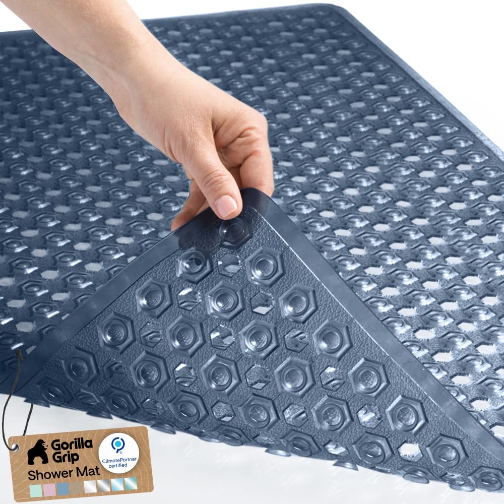 GORILLA GRIP Patented Bath Tub Shower Mat, Machine Washable Bathtub Floor Liner Mats, Suction Cups and Drain Holes to Keep Tubs Clean, Soft on Feet, Bathroom Essentials, 35x16 Inch, Clear