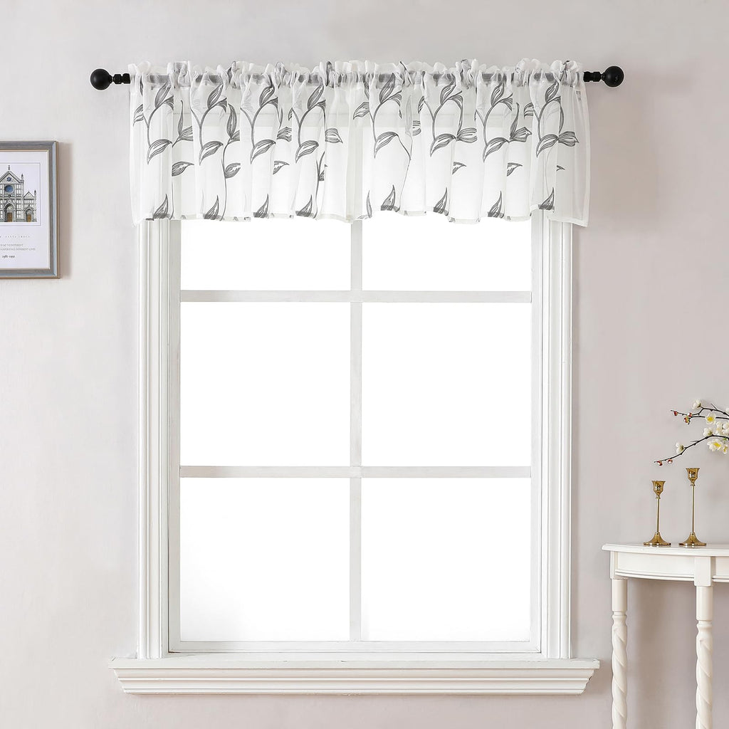 VISIONTEX 2 Panels Sheer Curtains 84 Inches Long, Cream Beige Floral Leaf Embroidered Semi Sheer Voile Curtains, Rod Pocket Light Filtering Window Drapes for Bedroom Living Room 54W x 84L