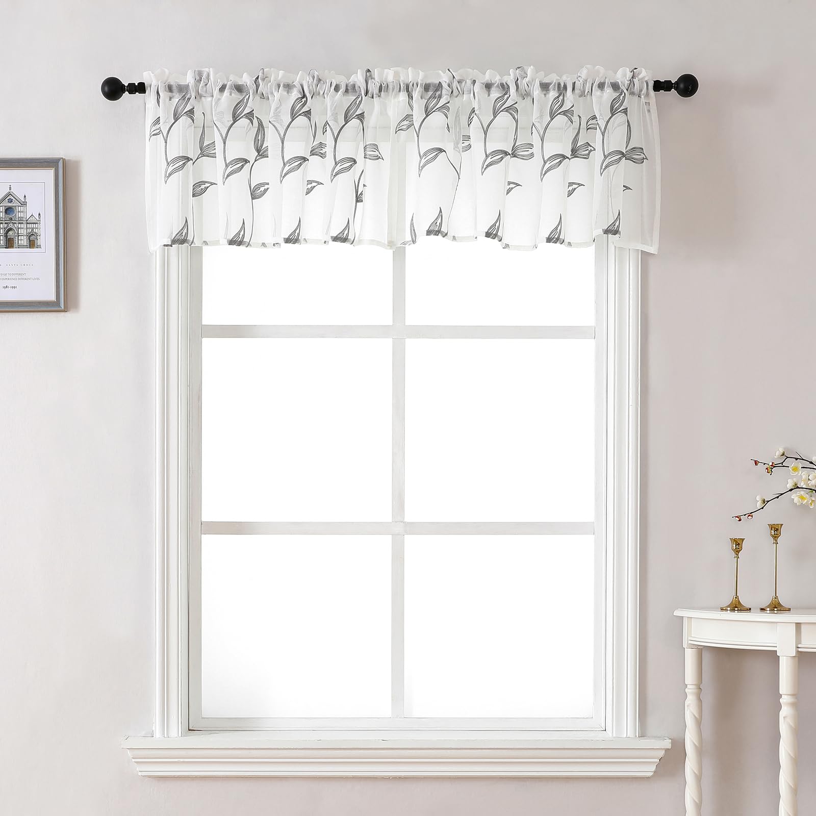 VISIONTEX 2 Panels Sheer Curtains 84 Inches Long, Cream Beige Floral Leaf Embroidered Semi Sheer Voile Curtains, Rod Pocket Light Filtering Window Drapes for Bedroom Living Room 54W x 84L