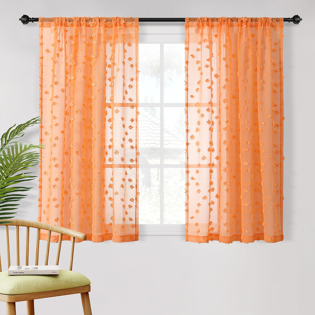 2 Panels 52"W x 84"L Dusty Rose Pom Pom Sheer Curtains Rod Pocket Light Filtering Boho Window Drapes for Girls Bedroom Nursery Kids Room