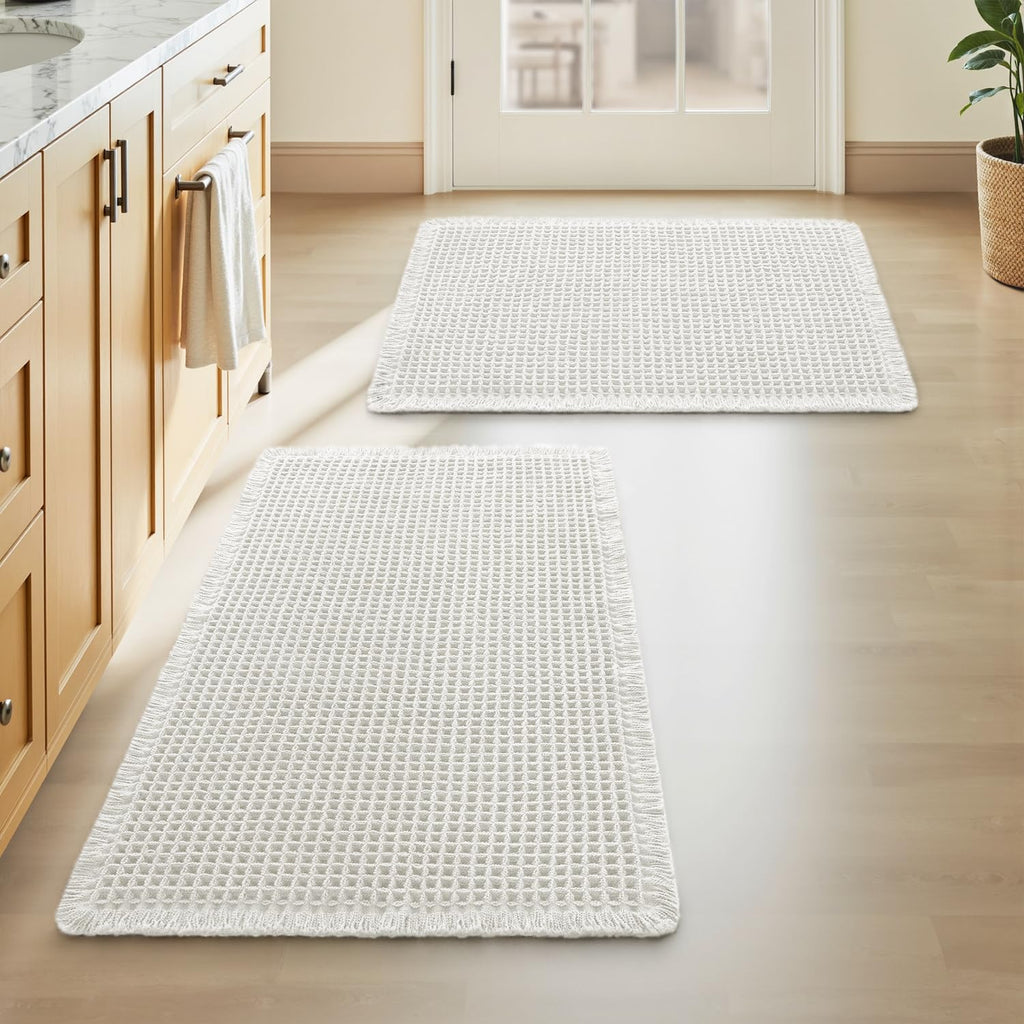AMOAMI Upgraded Waffle Bath Mat, Super Absorbent Non Slip Bath Mats for Bathroom Floor, Machine Washable Bathroom Rugs with Tassels, Rubber Backed Bathroom Mats, Ultra Soft, 17" x 24", Brown