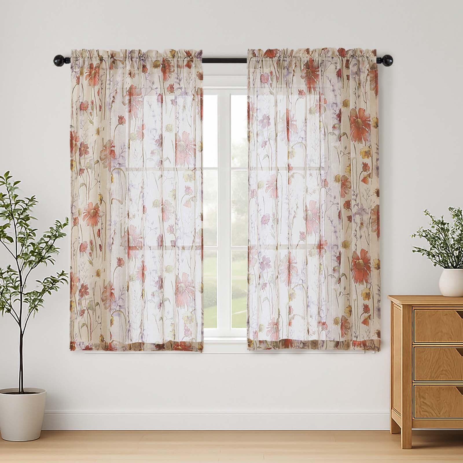Lecloud Crushed Sheer Curtains 84 Inches Long 2 Panels, Airy Light Filtering Voile Floral Curtains for Living Room, Rod Pocket Romantic Window Curtain Drapes for Bedroom Dining Room, 42" W x 84" L