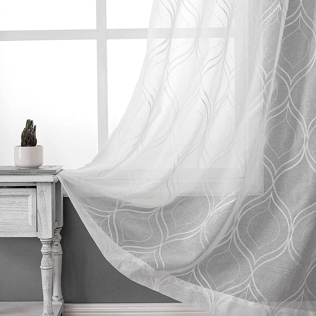 VISIONTEX White Sheer Curtains 84 Inches Long 2 Panels, Light Filtering Grey Moroccan Trellis Embroidered Semi Sheer Voile Drapes, Rod Pocket Textured Window Curtain for Bedroom Living Room 54W x 84L