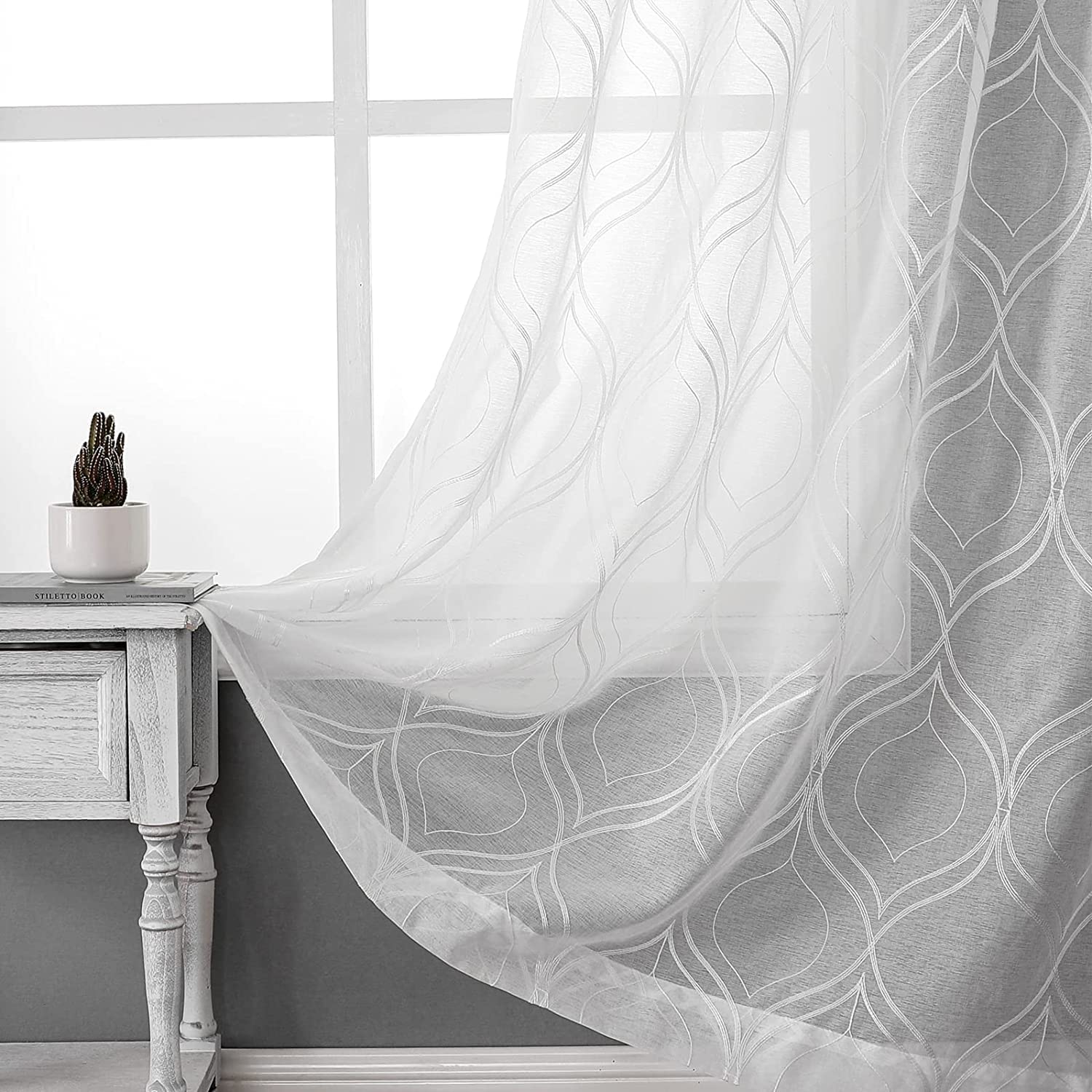 VISIONTEX White Sheer Curtains 84 Inches Long 2 Panels, Light Filtering Grey Moroccan Trellis Embroidered Semi Sheer Voile Drapes, Rod Pocket Textured Window Curtain for Bedroom Living Room 54W x 84L
