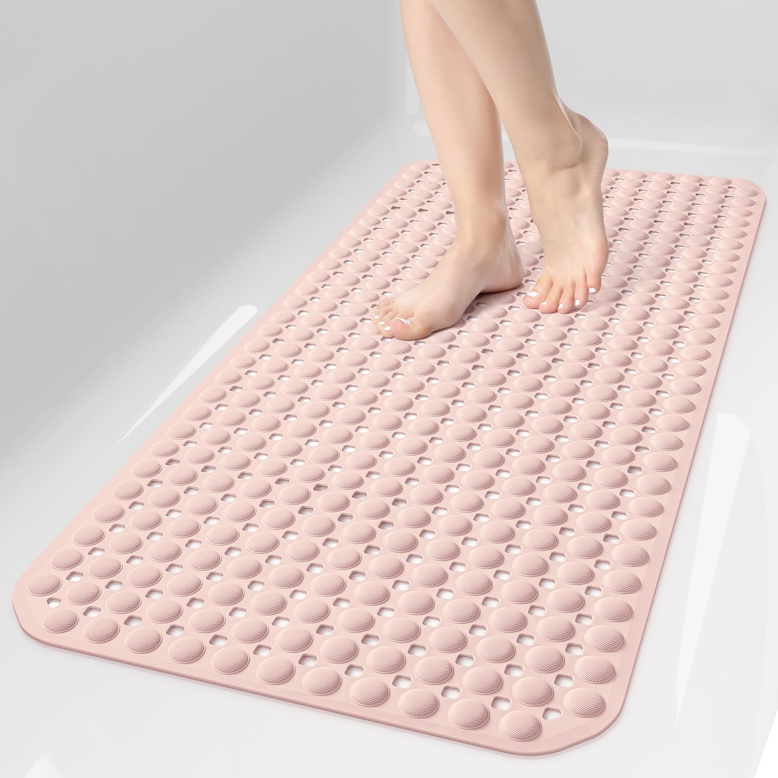 35x16 Inch Grey Non Slip Bathtub Shower Mat with Suction Cups Drain Holes Foot Scrubber Machine Washable Bathroom Floor Liner
