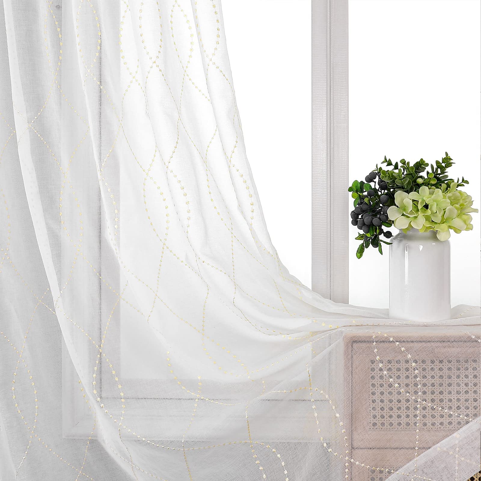 VISIONTEX White Sheer Curtains 84 Inches Long 2 Panels, Light Filtering Grey Moroccan Trellis Embroidered Semi Sheer Voile Drapes, Rod Pocket Textured Window Curtain for Bedroom Living Room 54W x 84L