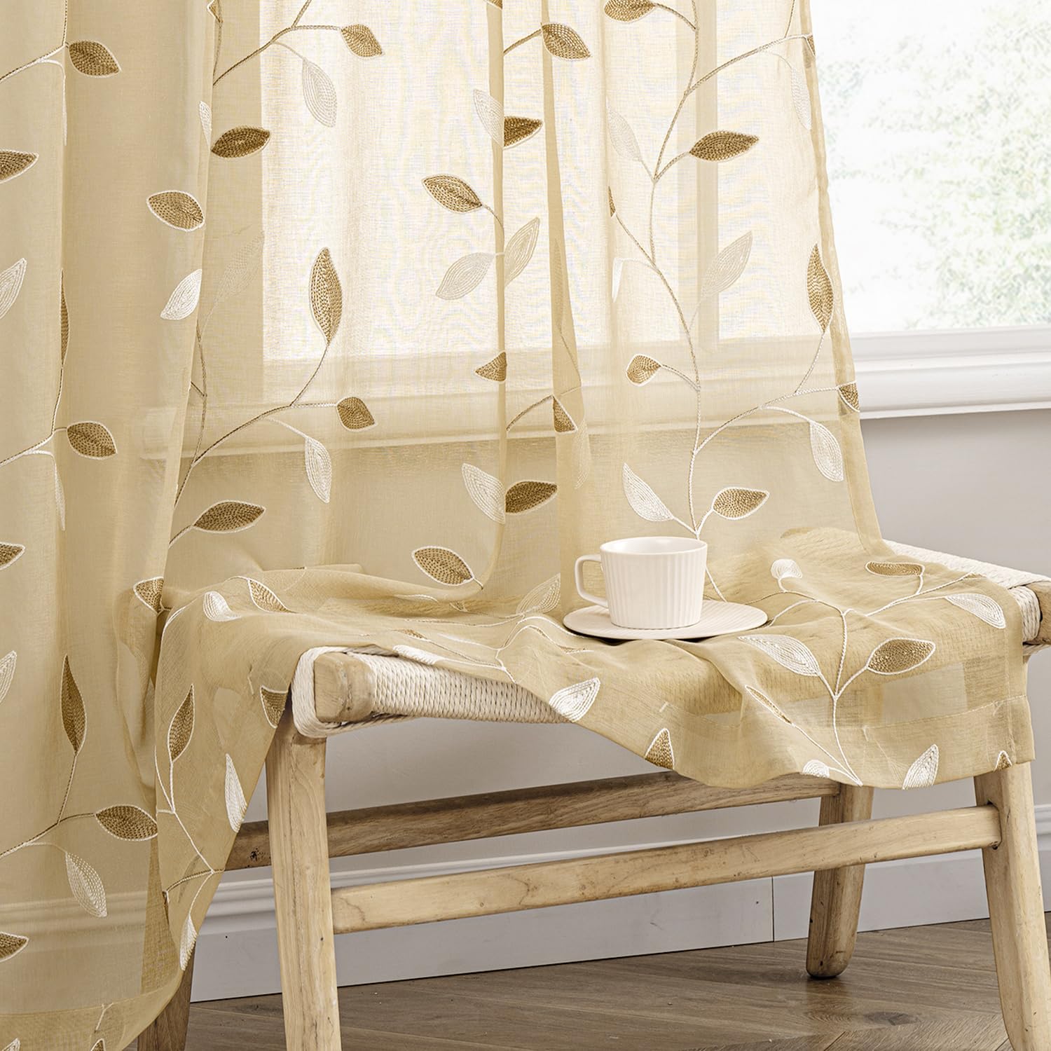 MIULEE Sage Green Sheer Curtains 2 Panels Embroidered Leaf Patterned Rod Pocket Floral Semi Sheer Faux Linen Window Curtains Drapes Set for Living Room Bedroom Dining Room, 52x84 Inches Long
