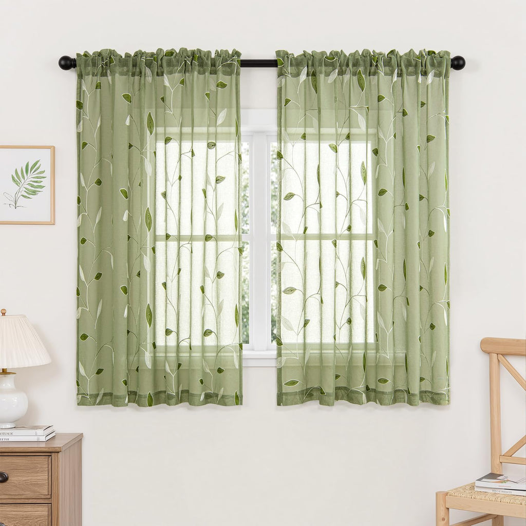 MIULEE Sage Green Sheer Curtains 2 Panels Embroidered Leaf Patterned Rod Pocket Floral Semi Sheer Faux Linen Window Curtains Drapes Set for Living Room Bedroom Dining Room, 52x84 Inches Long