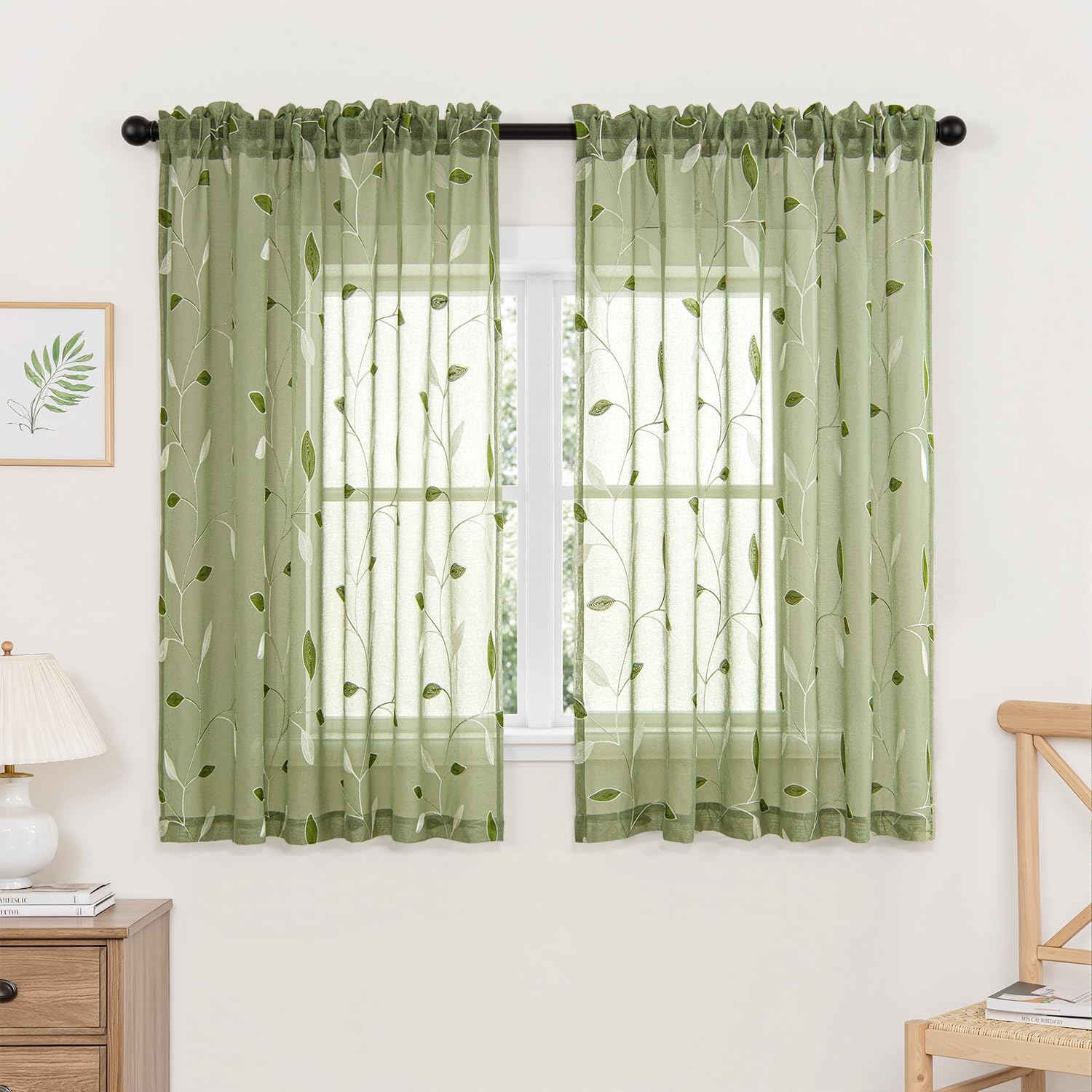 MIULEE Sage Green Sheer Curtains 2 Panels Embroidered Leaf Patterned Rod Pocket Floral Semi Sheer Faux Linen Window Curtains Drapes Set for Living Room Bedroom Dining Room, 52x84 Inches Long