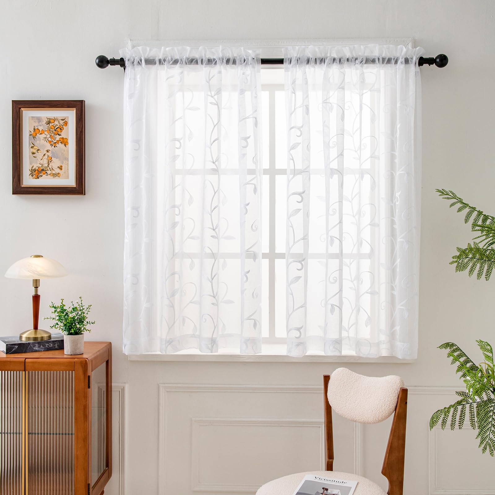 VISIONTEX 2 Panels Sheer Curtains 84 Inches Long, Cream Beige Floral Leaf Embroidered Semi Sheer Voile Curtains, Rod Pocket Light Filtering Window Drapes for Bedroom Living Room 54W x 84L