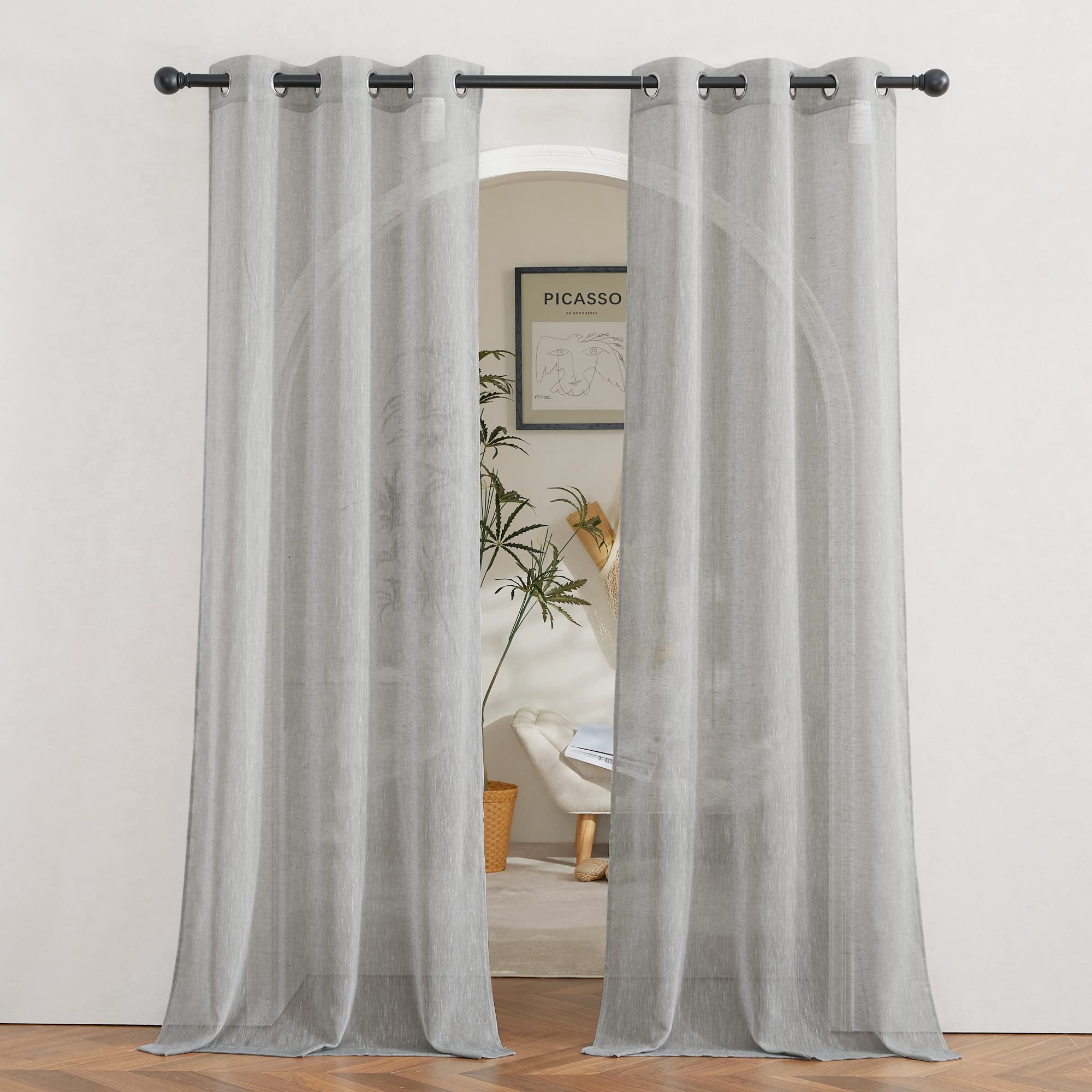 NICETOWN Linen Textured Semi Sheer Curtains 84 inches Length, Eyelet Top Bedroom Window Privacy Translucent Light Filtering Flax Sheer Drapes for Guest Room, 52 inches Wide, 2 Panels, Sea Mist
