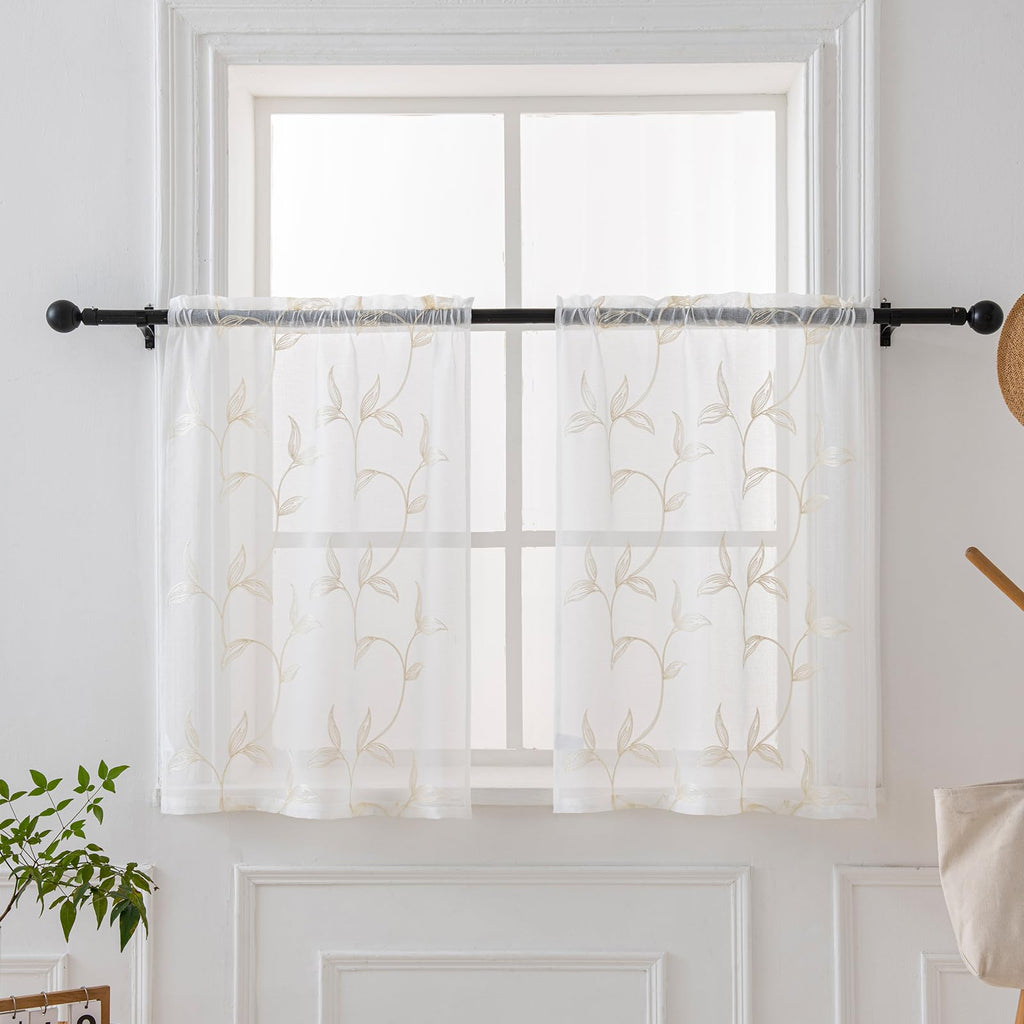 VISIONTEX 2 Panels Sheer Curtains 84 Inches Long, Cream Beige Floral Leaf Embroidered Semi Sheer Voile Curtains, Rod Pocket Light Filtering Window Drapes for Bedroom Living Room 54W x 84L