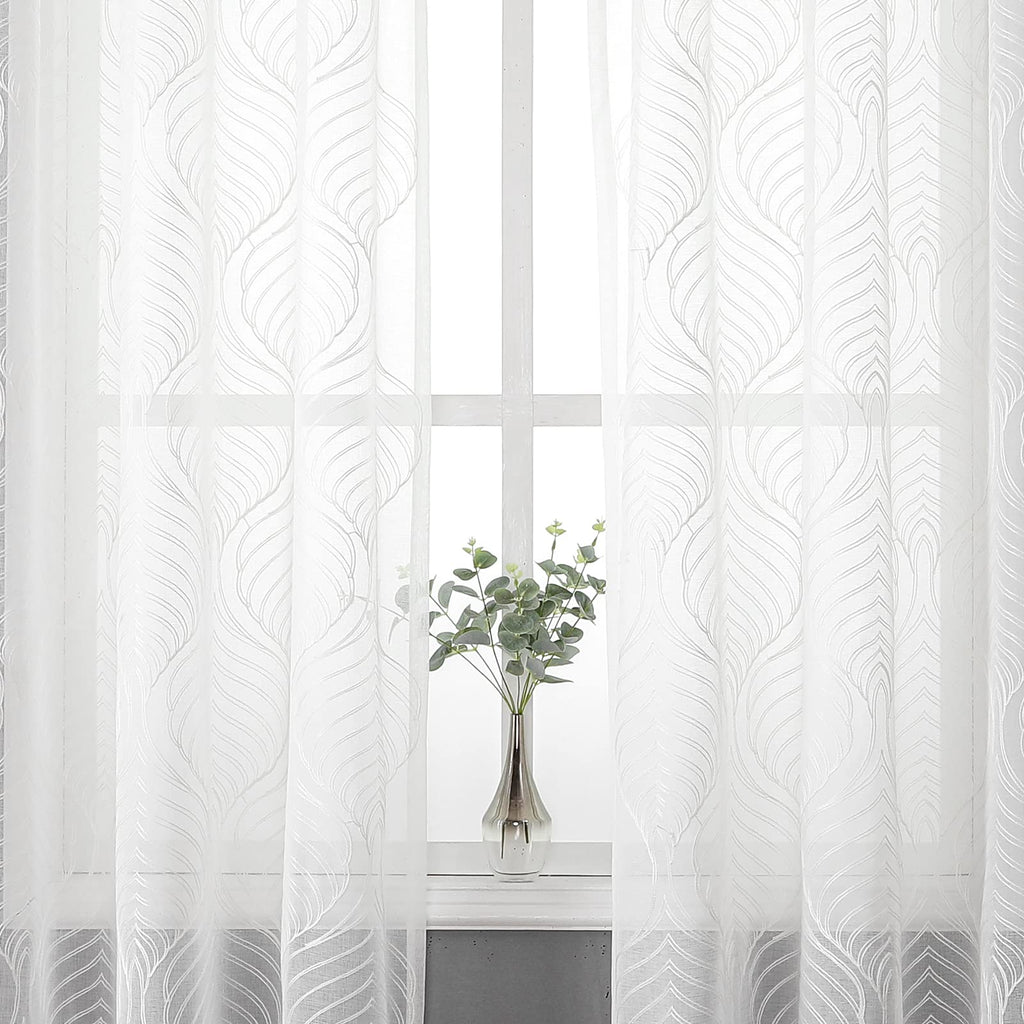 VISIONTEX White Sheer Curtains 84 Inches Long 2 Panels, Light Filtering Grey Moroccan Trellis Embroidered Semi Sheer Voile Drapes, Rod Pocket Textured Window Curtain for Bedroom Living Room 54W x 84L