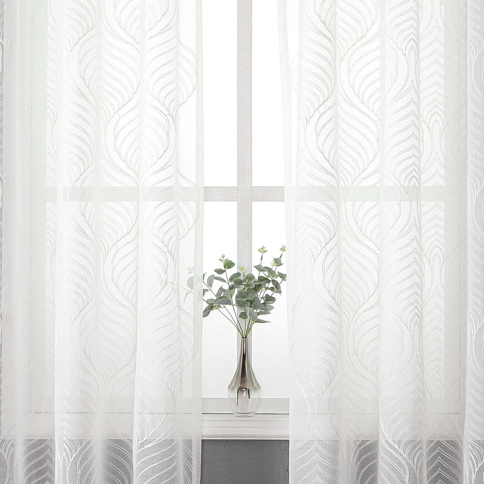 VISIONTEX White Sheer Curtains 84 Inches Long 2 Panels, Light Filtering Grey Moroccan Trellis Embroidered Semi Sheer Voile Drapes, Rod Pocket Textured Window Curtain for Bedroom Living Room 54W x 84L