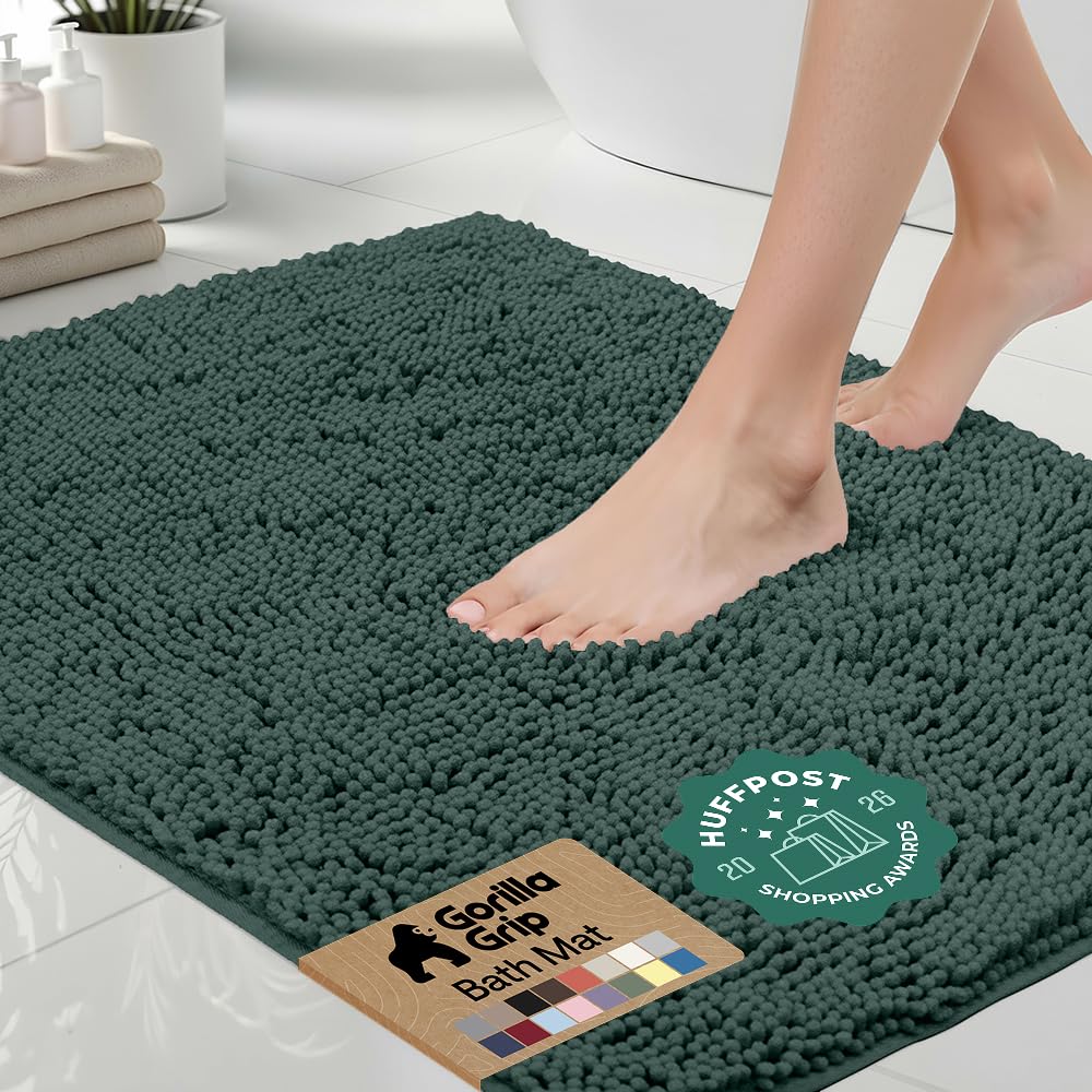 GORILLA GRIP Bath Rug Mat, Thick Soft Absorbent Chenille, Quick Dry Microfiber Mats, Rubber Backing, Machine Washable Shower Floor Rugs, Bathroom Bathmat Home Decor Accessories, 24x17 Grey