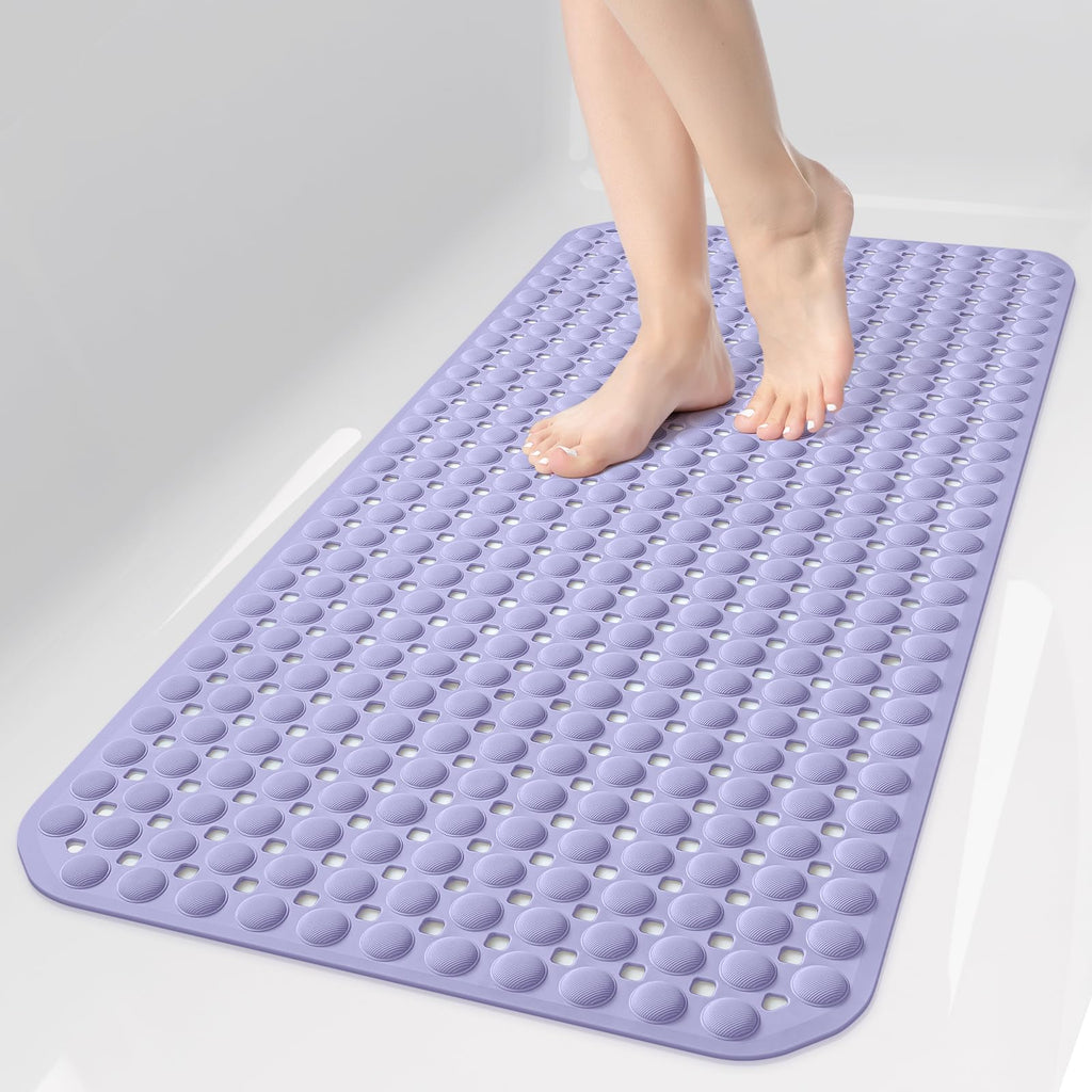 35x16 Inch Grey Non Slip Bathtub Shower Mat with Suction Cups Drain Holes Foot Scrubber Machine Washable Bathroom Floor Liner