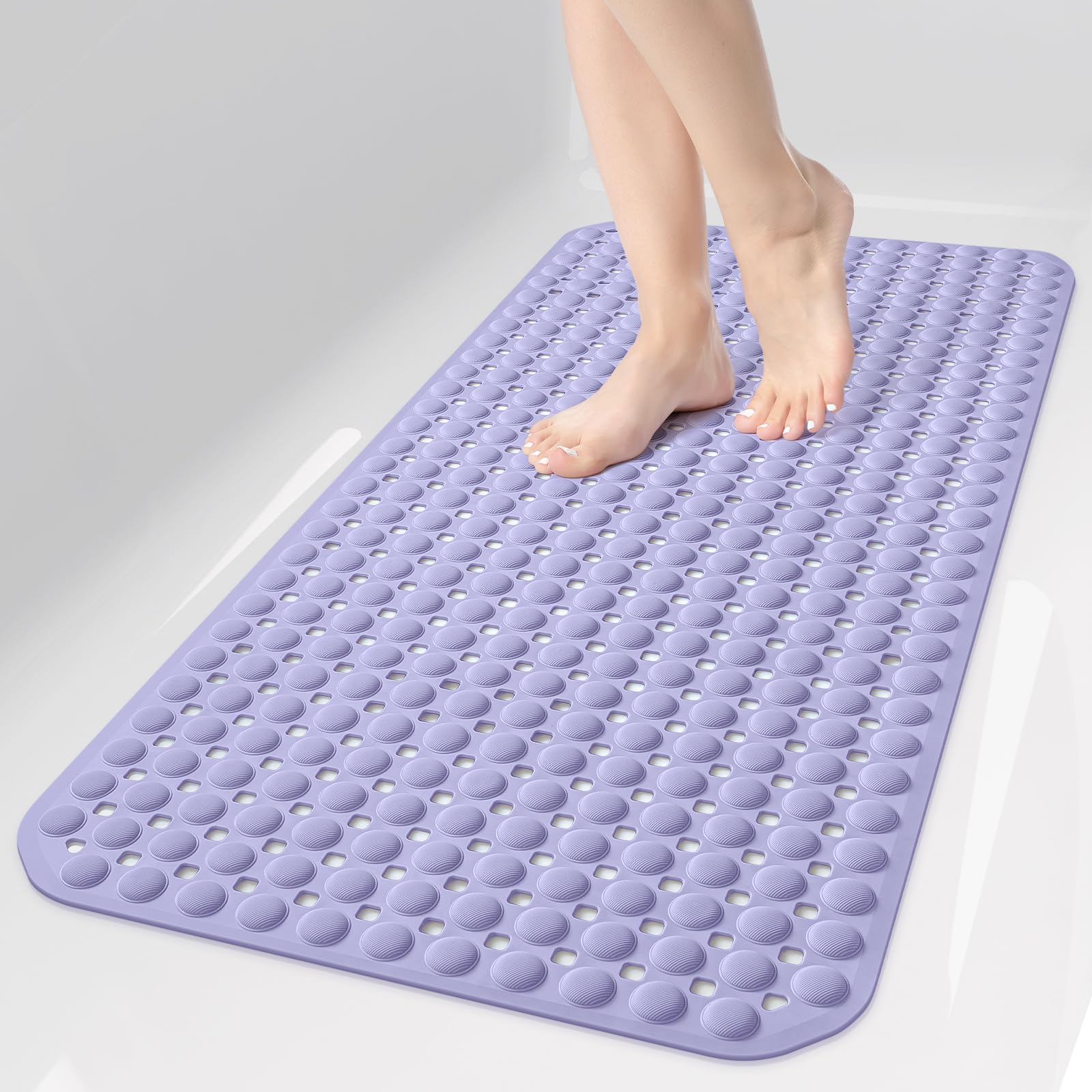 35x16 Inch Grey Non Slip Bathtub Shower Mat with Suction Cups Drain Holes Foot Scrubber Machine Washable Bathroom Floor Liner