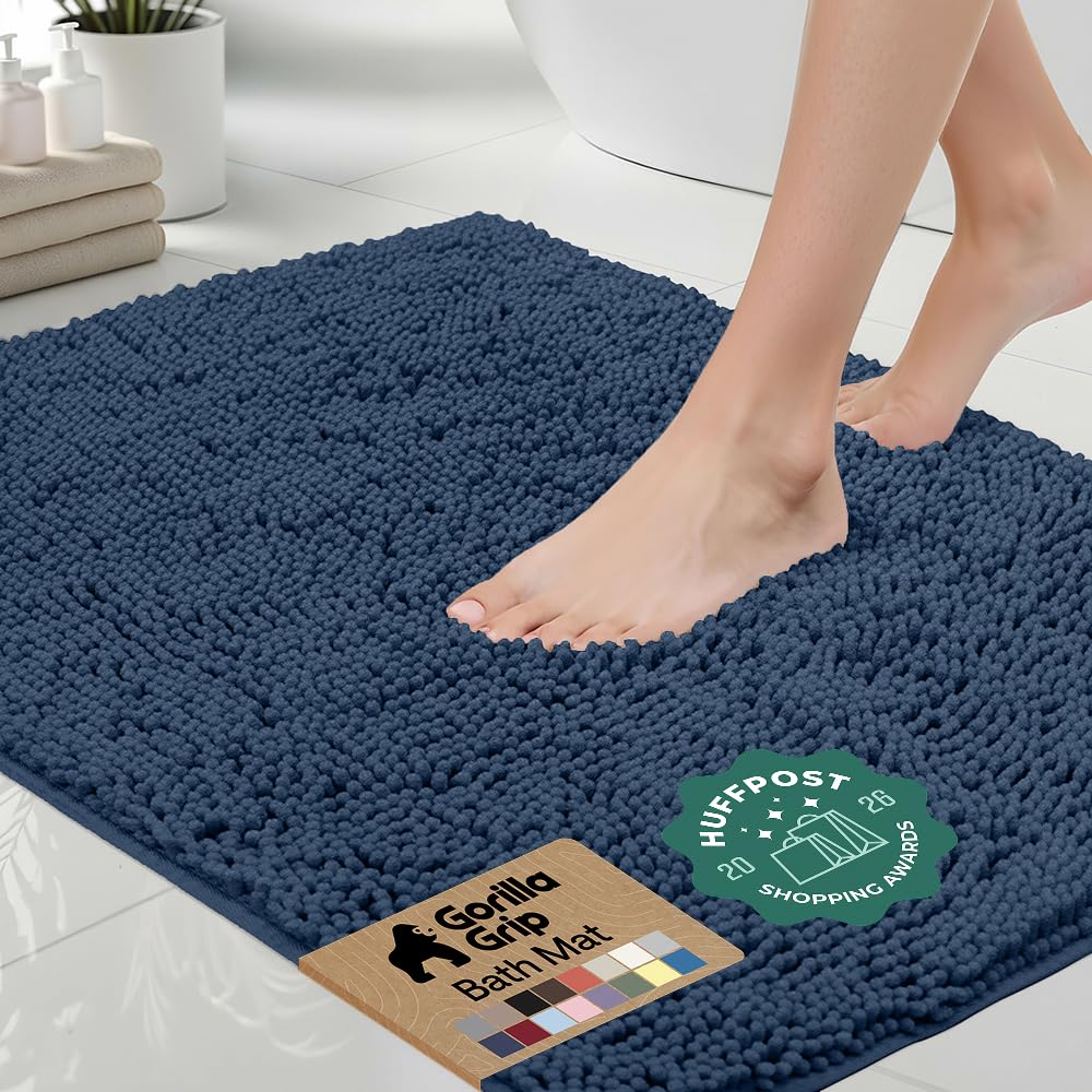 GORILLA GRIP Bath Rug Mat, Thick Soft Absorbent Chenille, Quick Dry Microfiber Mats, Rubber Backing, Machine Washable Shower Floor Rugs, Bathroom Bathmat Home Decor Accessories, 24x17 Grey