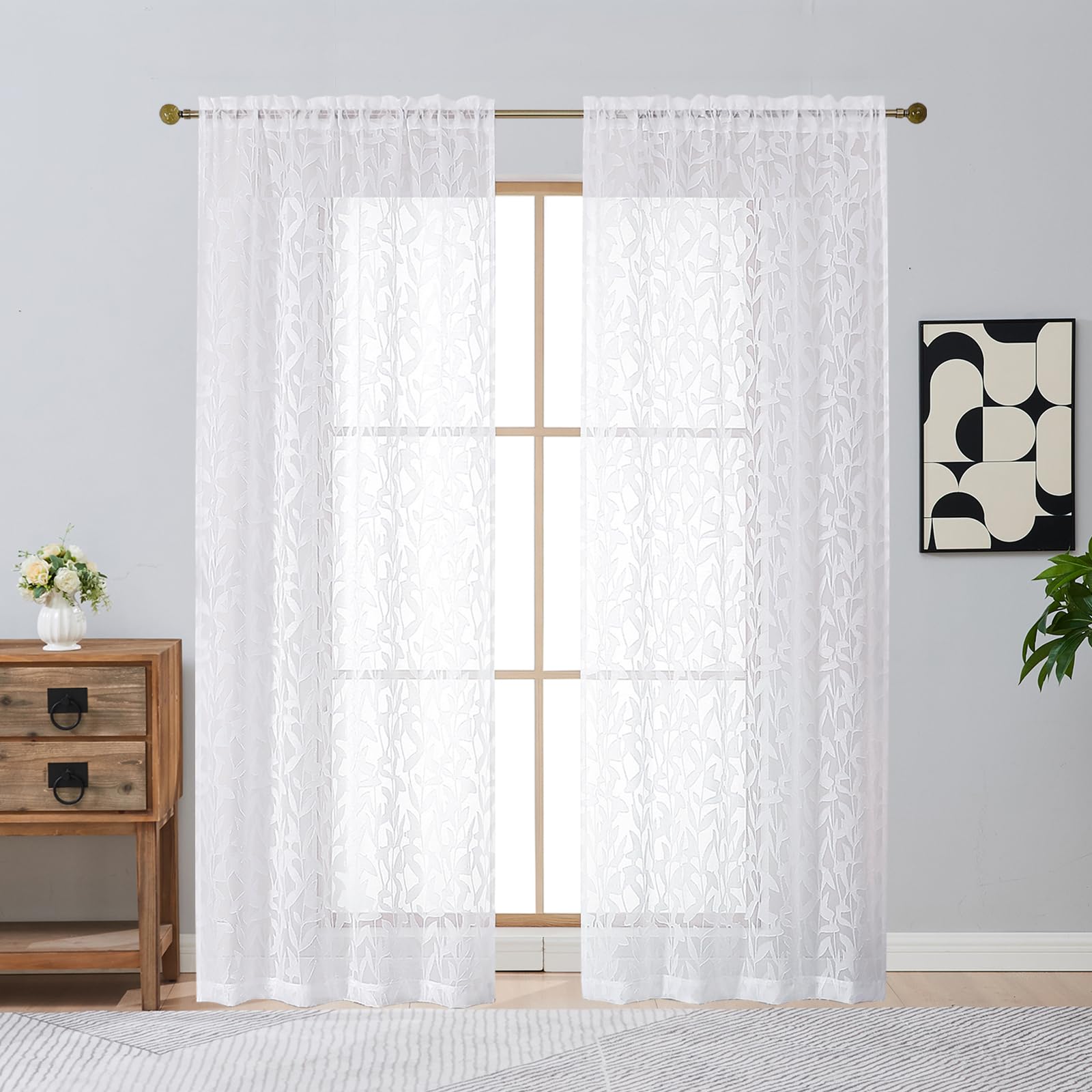 Gwine Sage Green Curtains 84 Inches Long 2 Panels Set, Light Filtering Soft Lightweight Sheer Curtains, Leaf Clip Jacquard Textured Curtain for Bedroom Living Room, 42Wx84L Inches, 2PCS