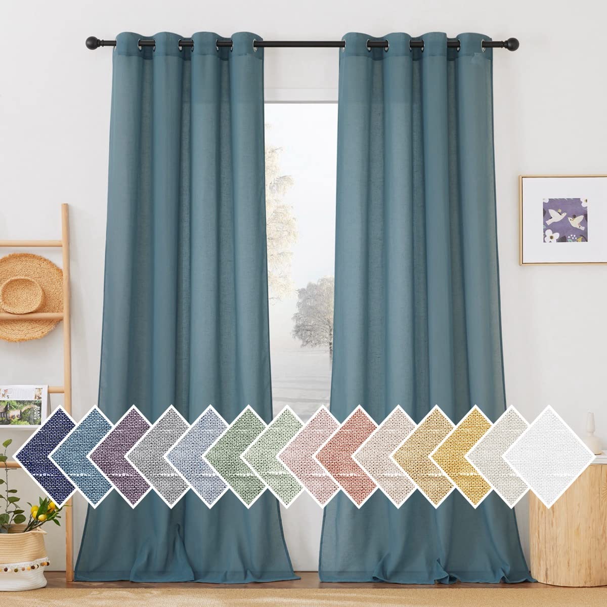 NICETOWN Linen Textured Semi Sheer Curtains 84 inches Length, Eyelet Top Bedroom Window Privacy Translucent Light Filtering Flax Sheer Drapes for Guest Room, 52 inches Wide, 2 Panels, Sea Mist