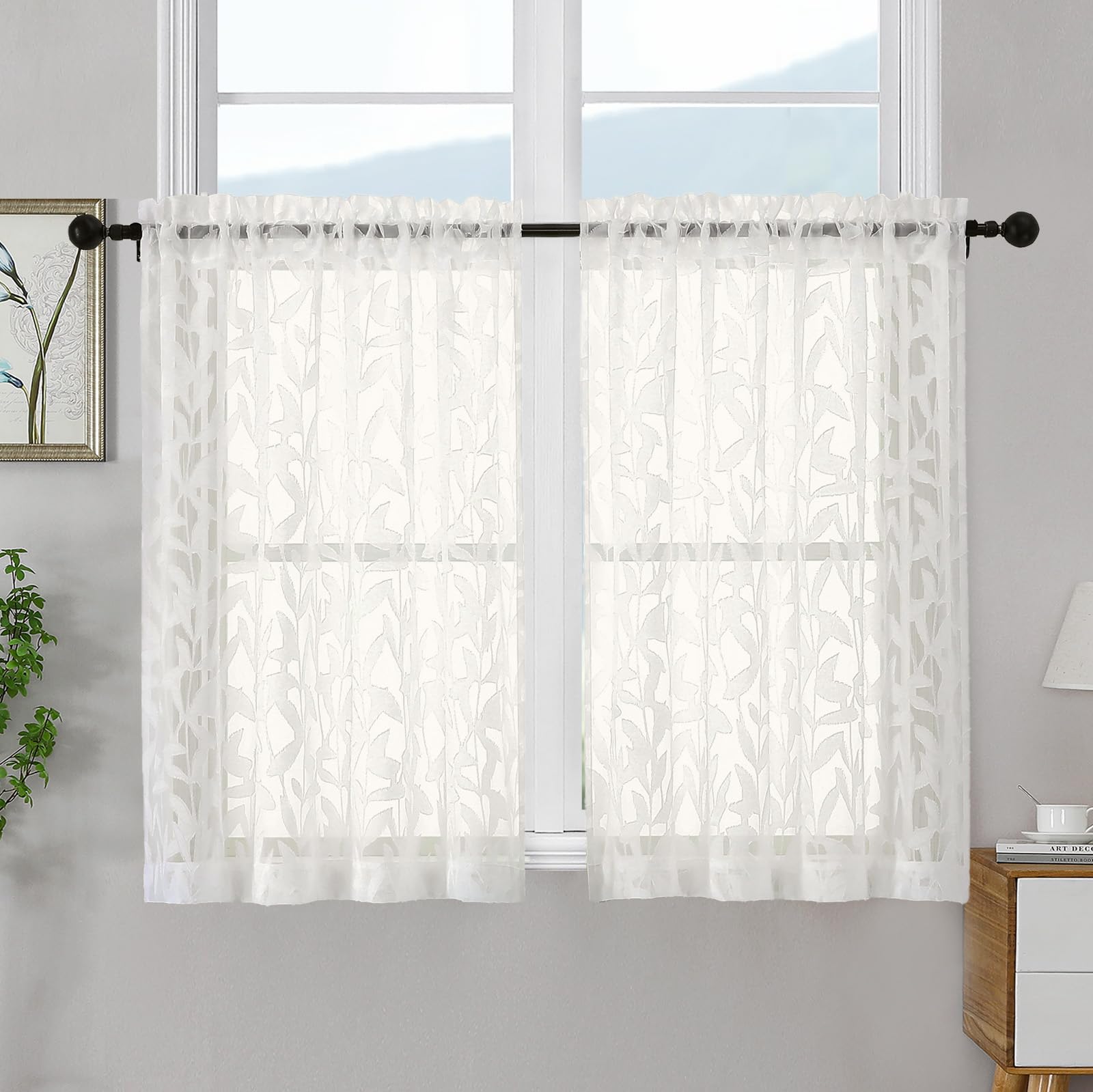 OWENIE Leyna 2 Panels Sage Green Sheer Curtains 63 Inch Length for Bedroom, Soft Lightweight Jacquard Clip Window Curtain for Living Room, Double Rod Pockets Textured Drapes, Each 40Wx63L Inches