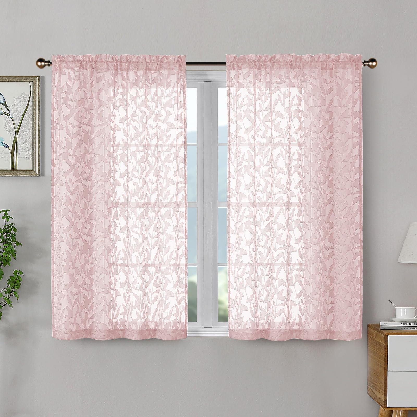 OWENIE Leyna 2 Panels Sage Green Sheer Curtains 63 Inch Length for Bedroom, Soft Lightweight Jacquard Clip Window Curtain for Living Room, Double Rod Pockets Textured Drapes, Each 40Wx63L Inches