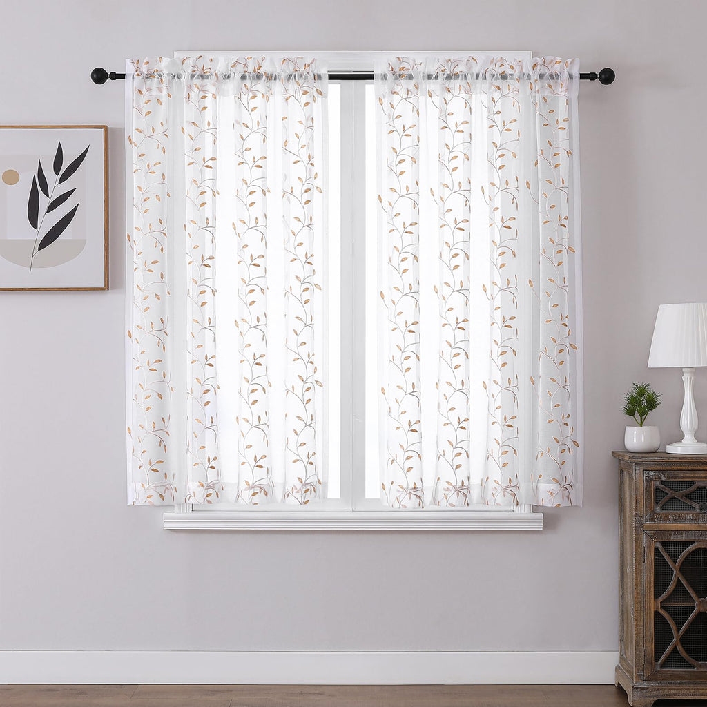 VISIONTEX 2 Panels Sheer Curtains 84 Inches Long, Cream Beige Floral Leaf Embroidered Semi Sheer Voile Curtains, Rod Pocket Light Filtering Window Drapes for Bedroom Living Room 54W x 84L