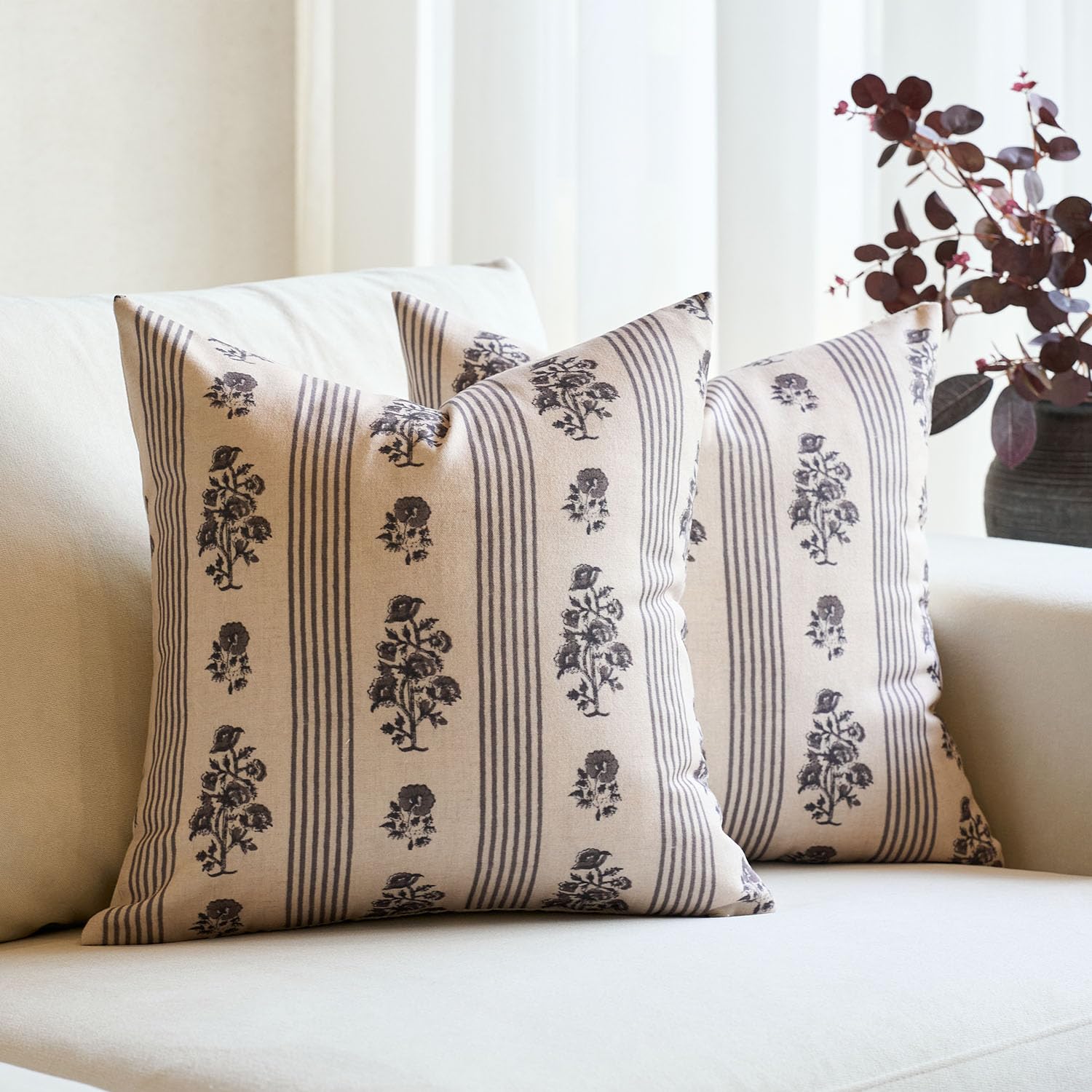 Amor Virisso Farmhouse Floral Throw Pillow Covers 18x18 Set of 2 Block Print Pillow Covers Neutral Boho Floral Striped Decorative Pillow Covers for Sofa Couch Bed, Brown
