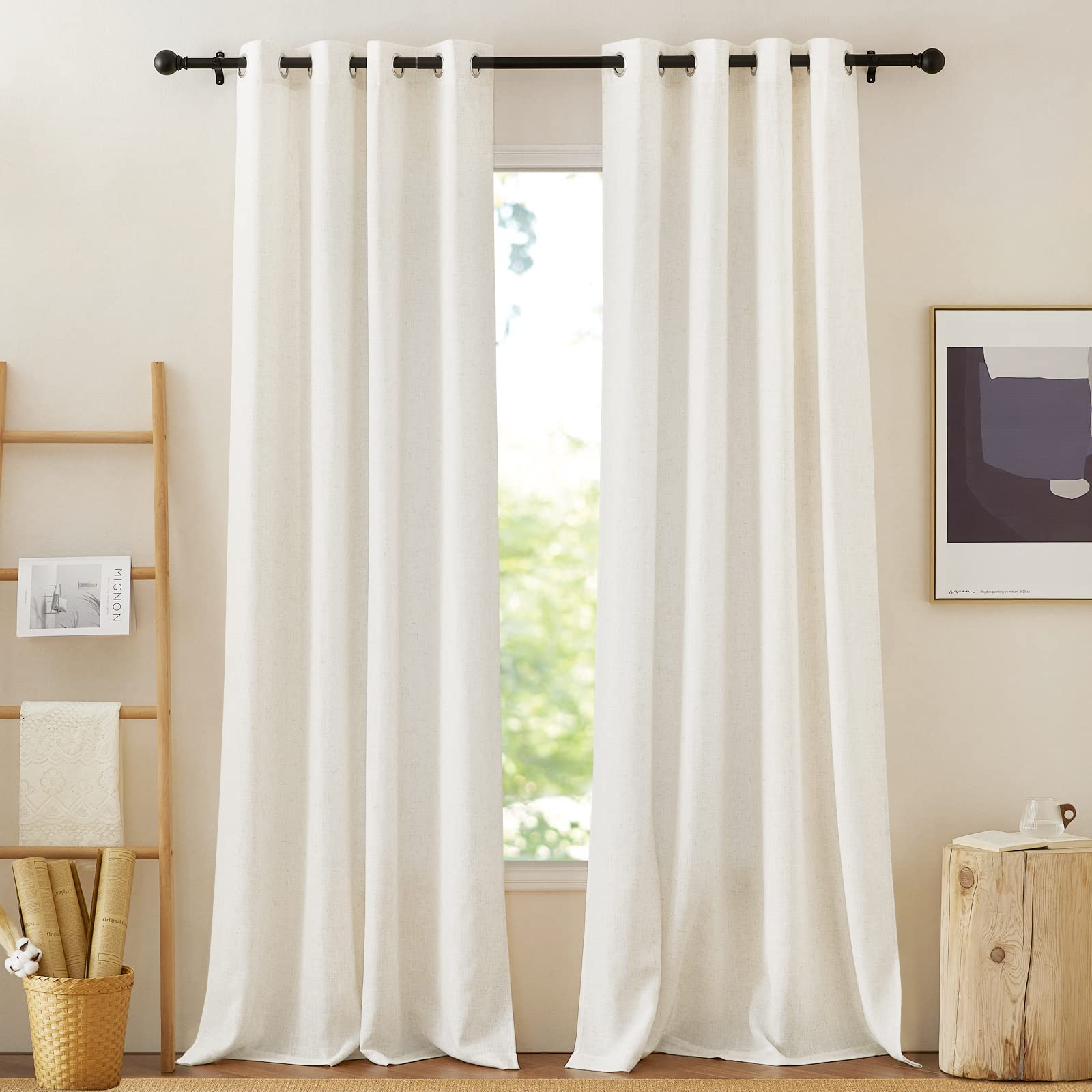 NICETOWN Linen Textured Semi Sheer Curtains 84 inches Length, Eyelet Top Bedroom Window Privacy Translucent Light Filtering Flax Sheer Drapes for Guest Room, 52 inches Wide, 2 Panels, Sea Mist