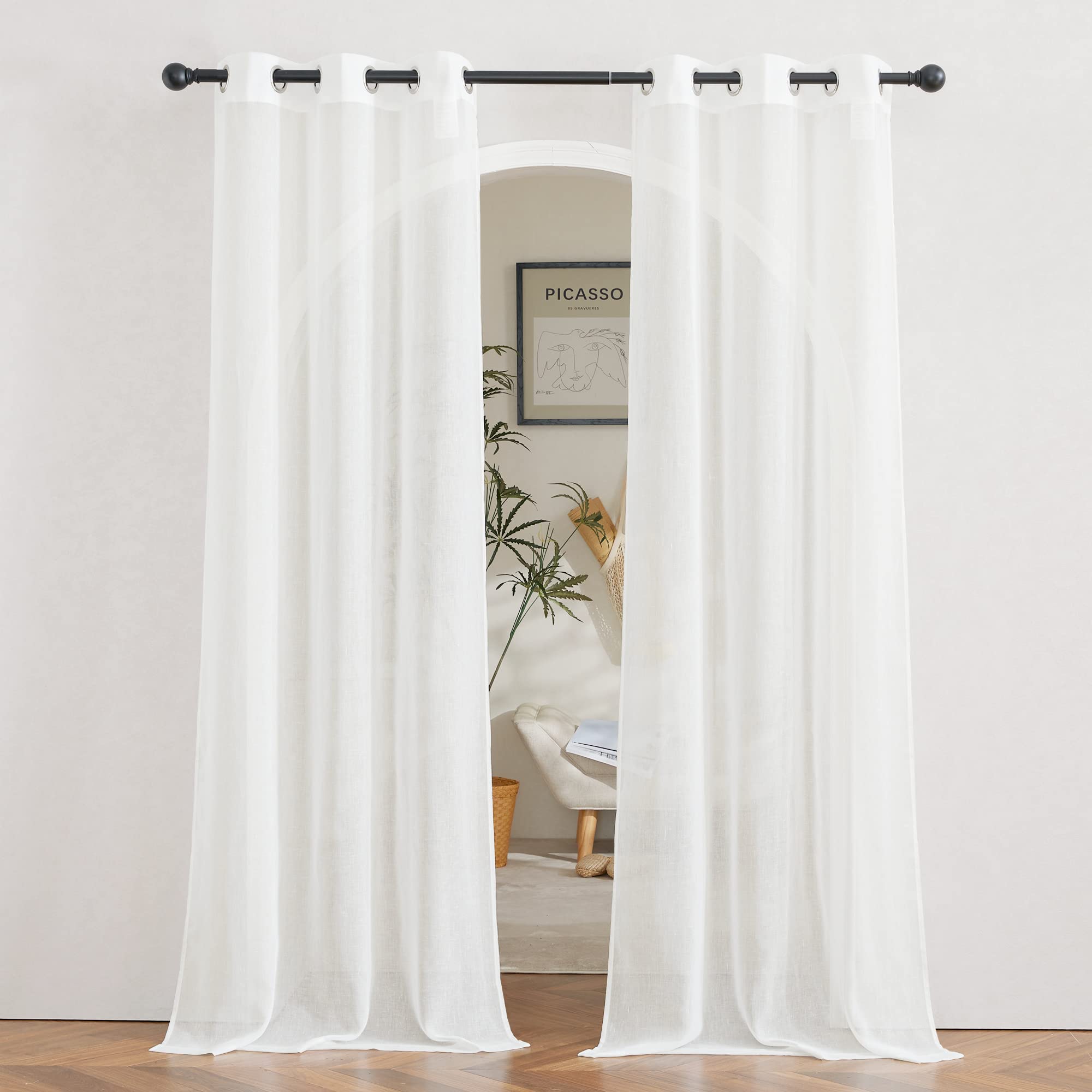 NICETOWN Linen Textured Semi Sheer Curtains 84 inches Length, Eyelet Top Bedroom Window Privacy Translucent Light Filtering Flax Sheer Drapes for Guest Room, 52 inches Wide, 2 Panels, Sea Mist