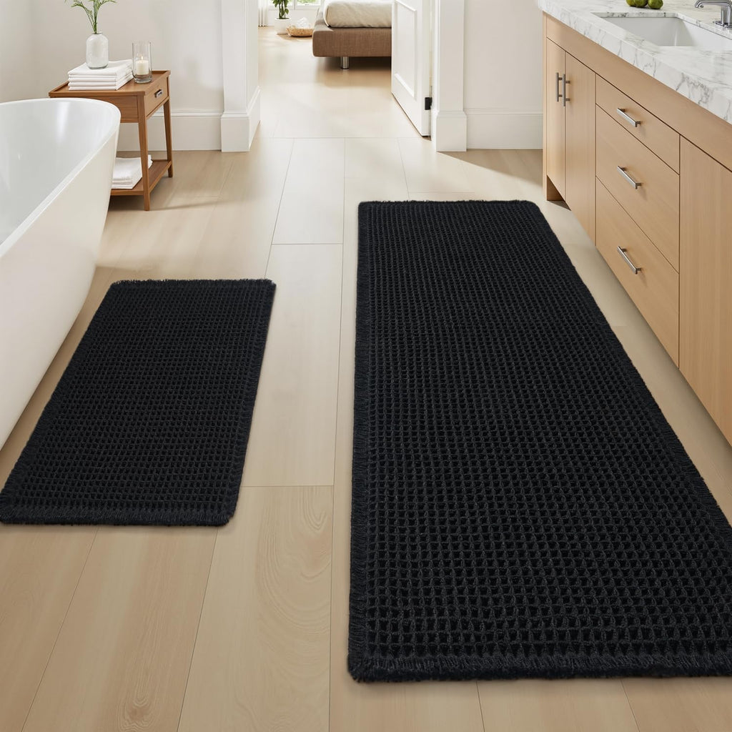AMOAMI Upgraded Waffle Bath Mat, Super Absorbent Non Slip Bath Mats for Bathroom Floor, Machine Washable Bathroom Rugs with Tassels, Rubber Backed Bathroom Mats, Ultra Soft, 17" x 24", Brown