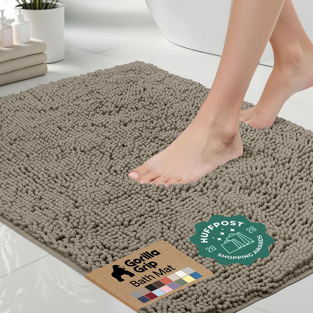 GORILLA GRIP Bath Rug Mat, Thick Soft Absorbent Chenille, Quick Dry Microfiber Mats, Rubber Backing, Machine Washable Shower Floor Rugs, Bathroom Bathmat Home Decor Accessories, 24x17 Grey