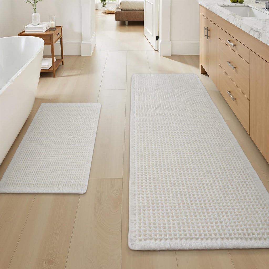 AMOAMI Upgraded Waffle Bath Mat, Super Absorbent Non Slip Bath Mats for Bathroom Floor, Machine Washable Bathroom Rugs with Tassels, Rubber Backed Bathroom Mats, Ultra Soft, 17" x 24", Brown
