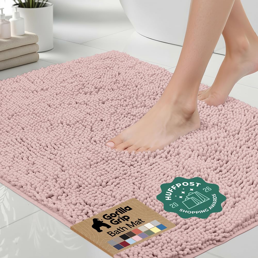 GORILLA GRIP Bath Rug Mat, Thick Soft Absorbent Chenille, Quick Dry Microfiber Mats, Rubber Backing, Machine Washable Shower Floor Rugs, Bathroom Bathmat Home Decor Accessories, 24x17 Grey