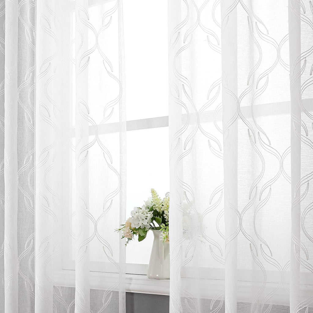 VISIONTEX White Sheer Curtains 84 Inches Long 2 Panels, Light Filtering Grey Moroccan Trellis Embroidered Semi Sheer Voile Drapes, Rod Pocket Textured Window Curtain for Bedroom Living Room 54W x 84L