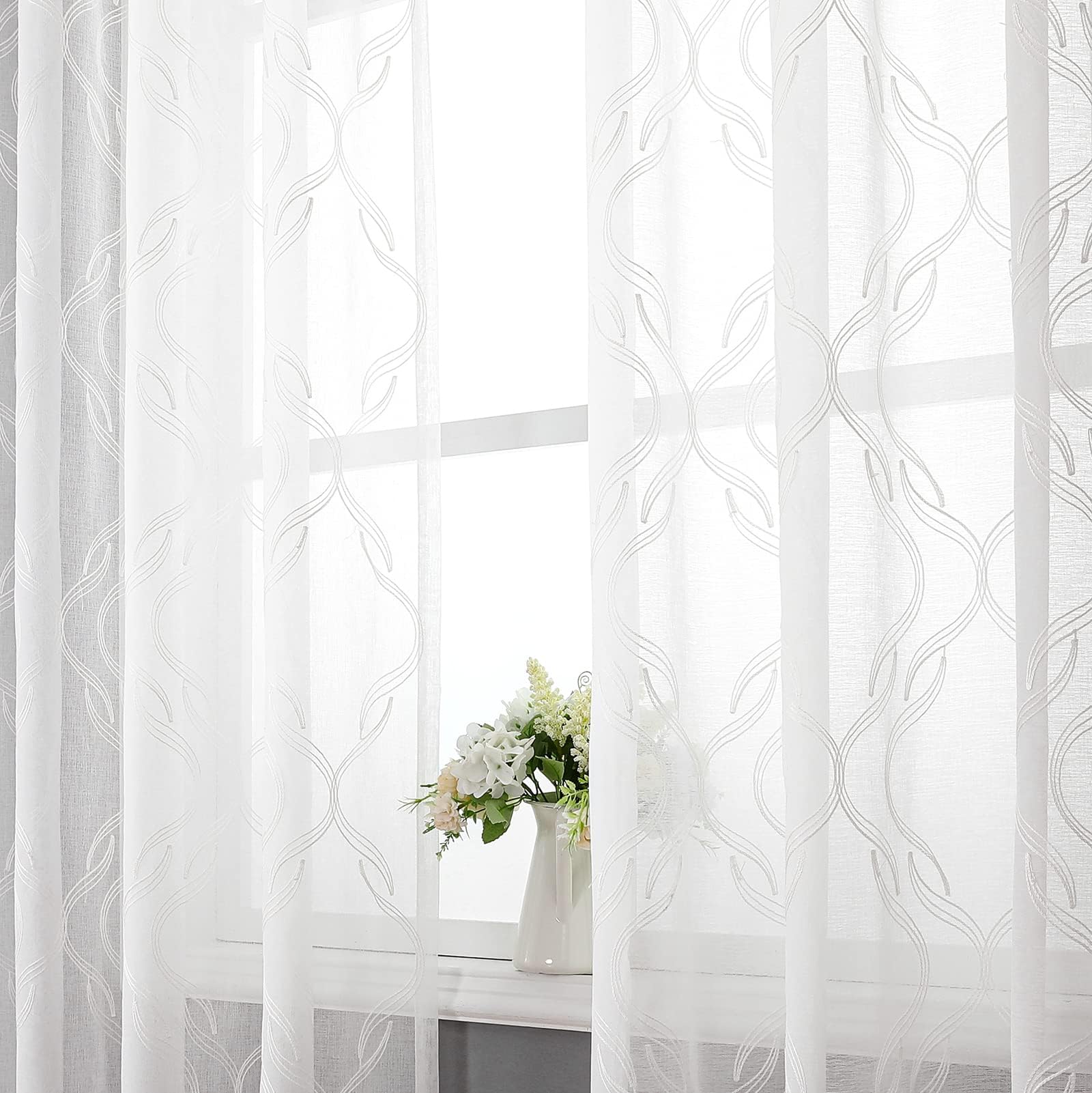 VISIONTEX White Sheer Curtains 84 Inches Long 2 Panels, Light Filtering Grey Moroccan Trellis Embroidered Semi Sheer Voile Drapes, Rod Pocket Textured Window Curtain for Bedroom Living Room 54W x 84L
