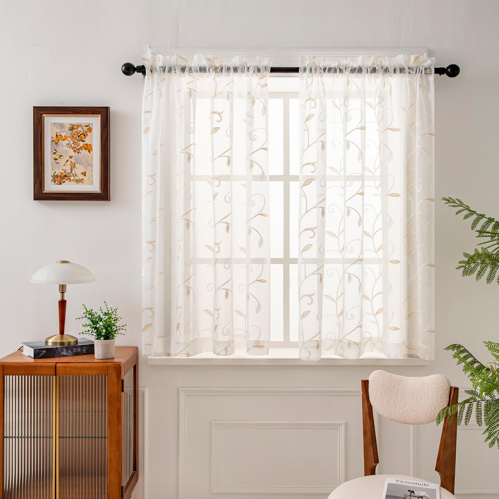 VISIONTEX 2 Panels Sheer Curtains 84 Inches Long, Cream Beige Floral Leaf Embroidered Semi Sheer Voile Curtains, Rod Pocket Light Filtering Window Drapes for Bedroom Living Room 54W x 84L