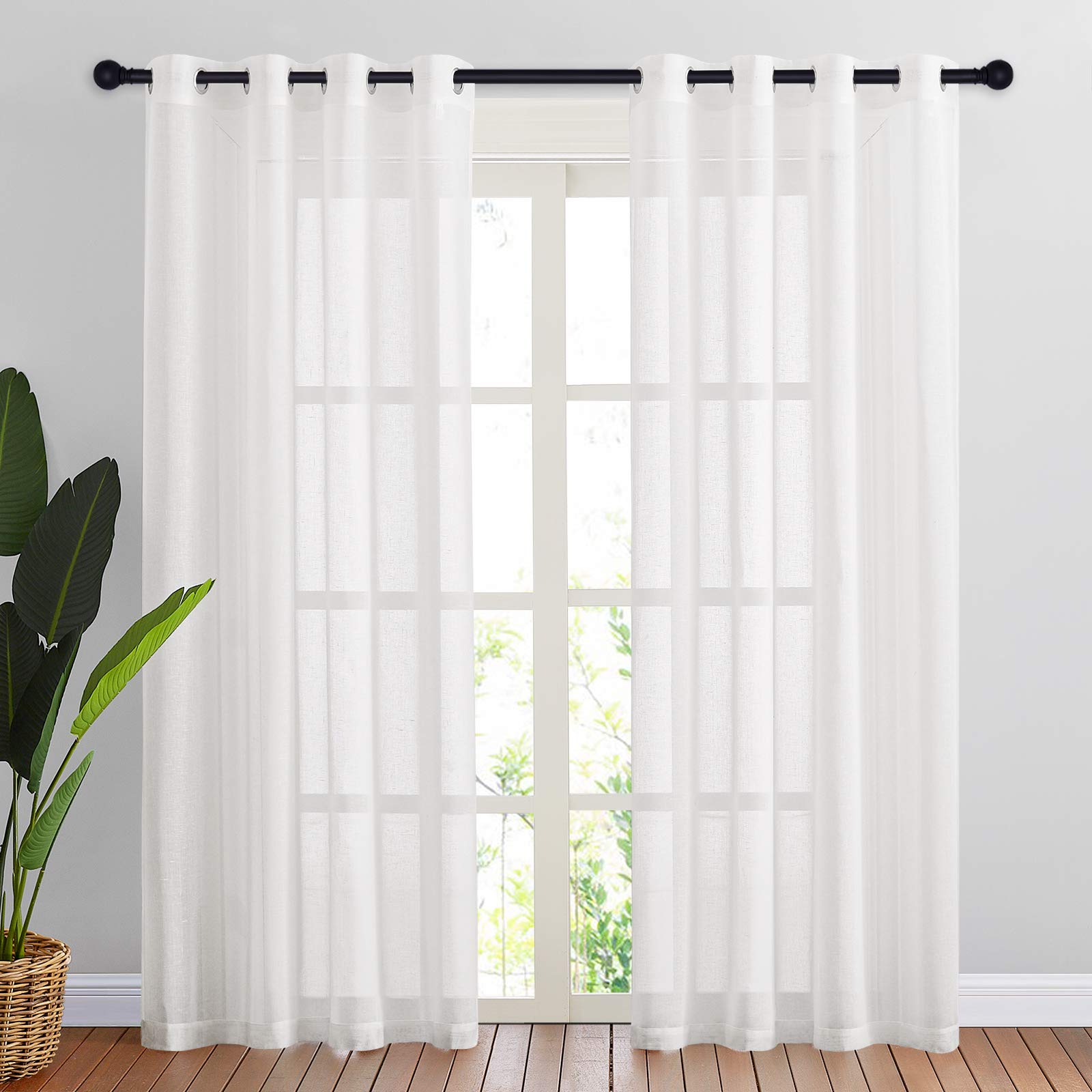 NICETOWN Linen Textured Semi Sheer Curtains 84 inches Length, Eyelet Top Bedroom Window Privacy Translucent Light Filtering Flax Sheer Drapes for Guest Room, 52 inches Wide, 2 Panels, Sea Mist