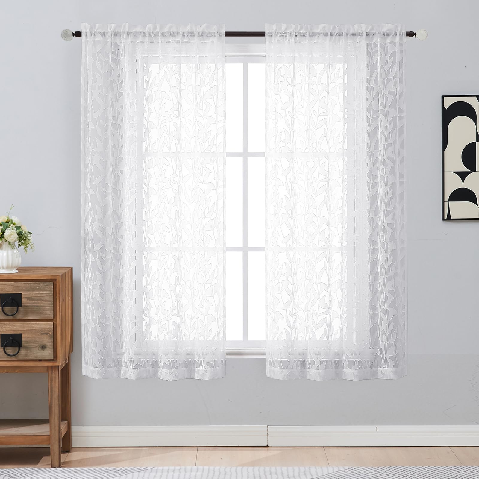 Gwine Sage Green Curtains 84 Inches Long 2 Panels Set, Light Filtering Soft Lightweight Sheer Curtains, Leaf Clip Jacquard Textured Curtain for Bedroom Living Room, 42Wx84L Inches, 2PCS